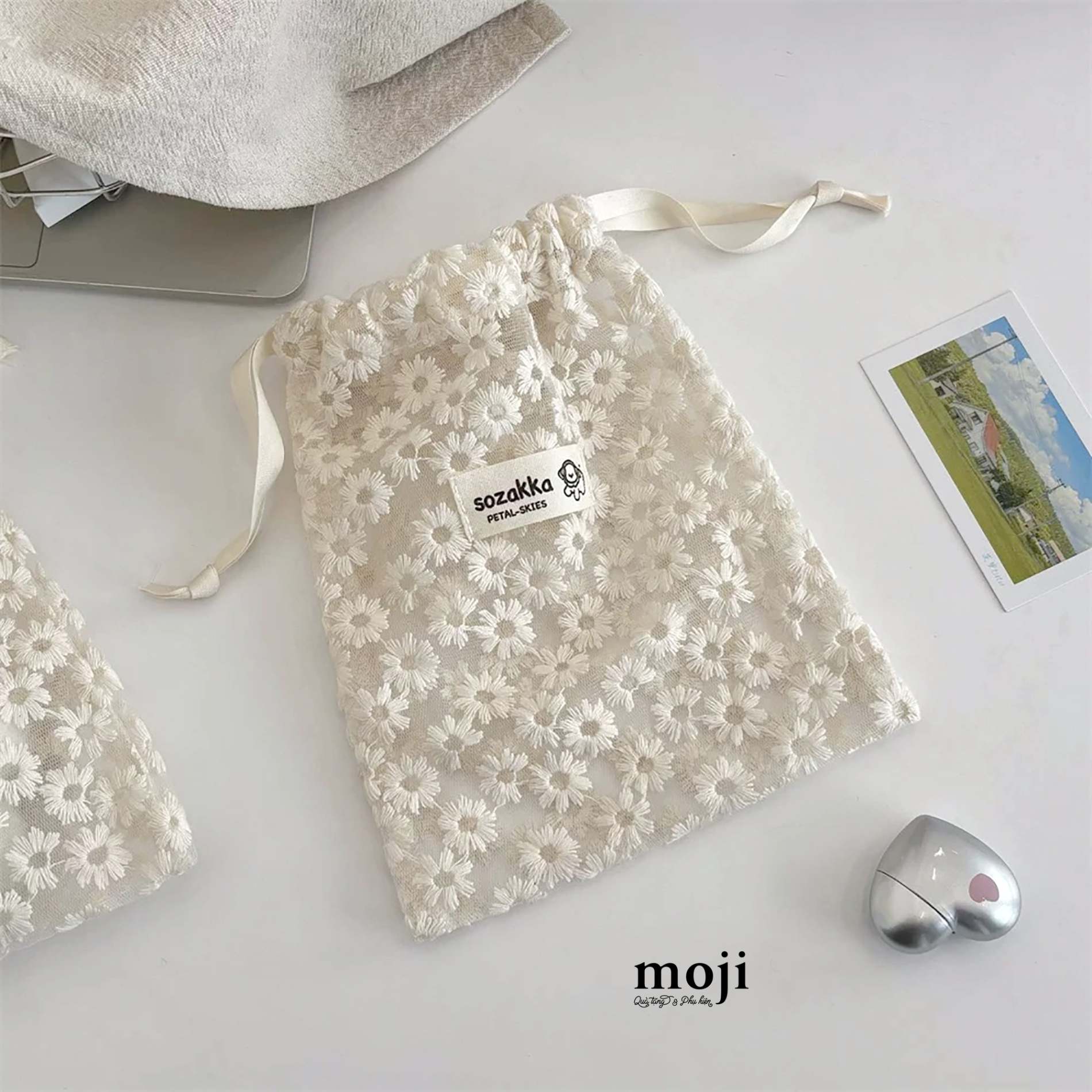 Túi vải dây rút đa năng vải lưới Daisy flower 16x20