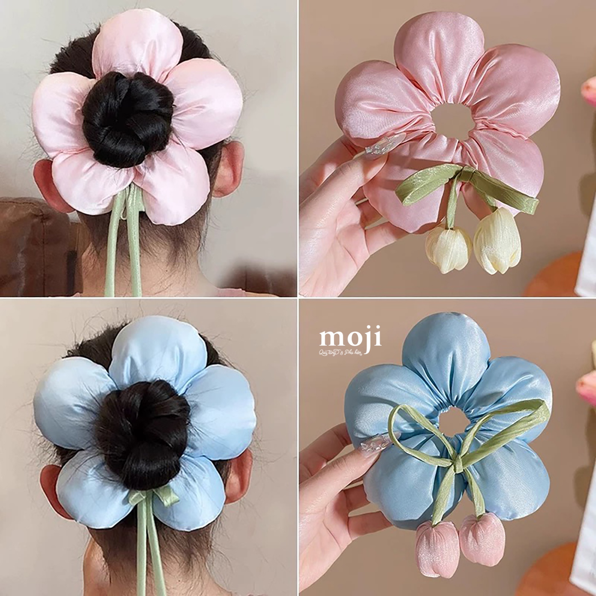 Buộc tóc scrunchies Flower cánh phồng tulip flower phối màu