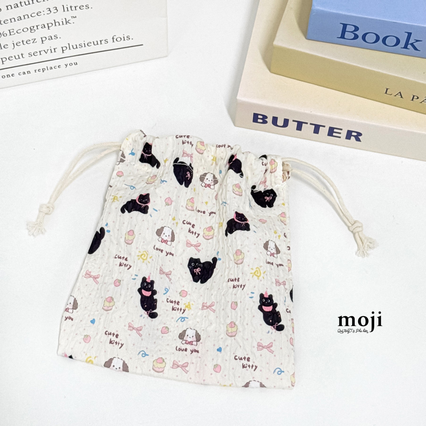 Túi vải dây rút đa năng Black cat cute dog delicious love you họa tiết dập nổi 14x15