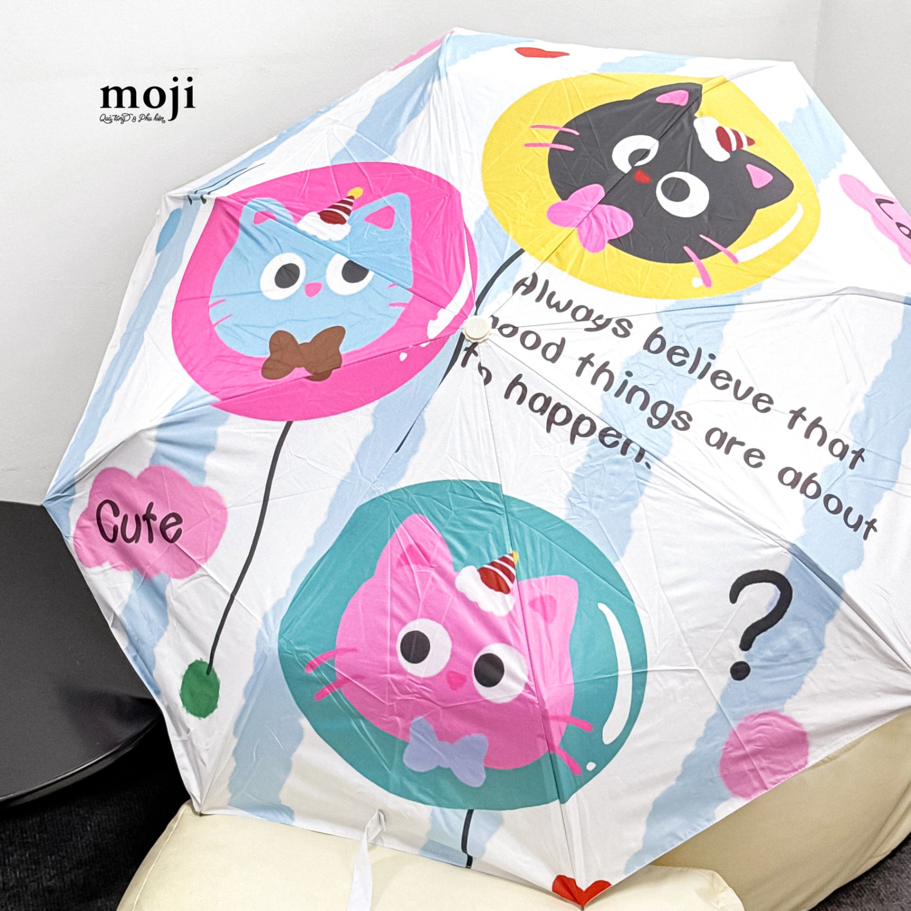 Ô dù gập tự động chống UV Colorful cat face đeo nơ bóng bay always believe that good things