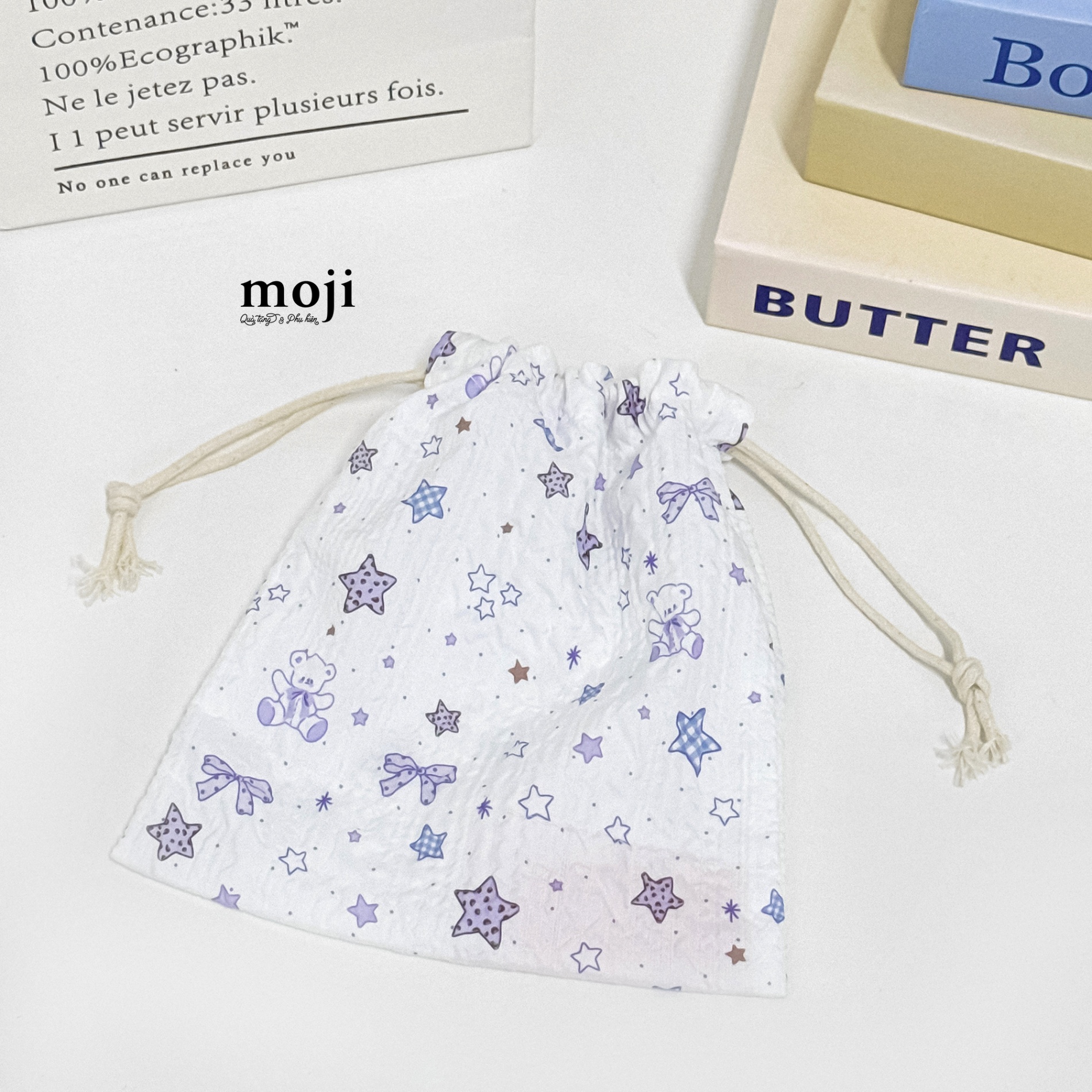 Túi vải dây rút đa năng Baby bear rabbit bow star họa tiết dập nổi 14x15