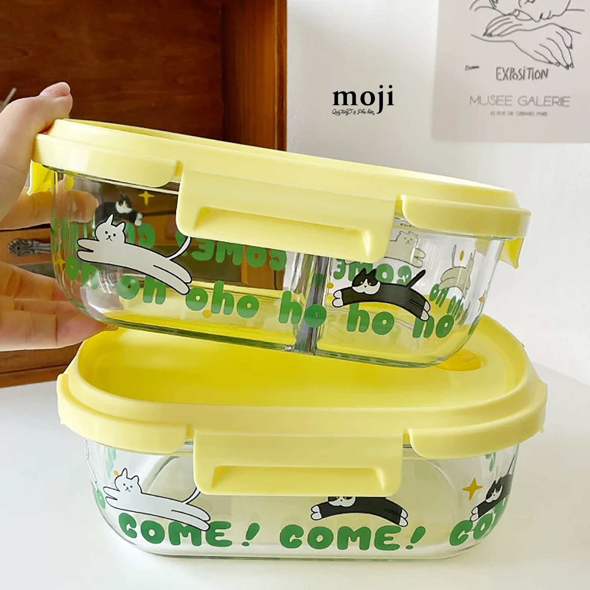Hộp cơm thủy tinh Cat jump oho 2 ngăn 8x15x20