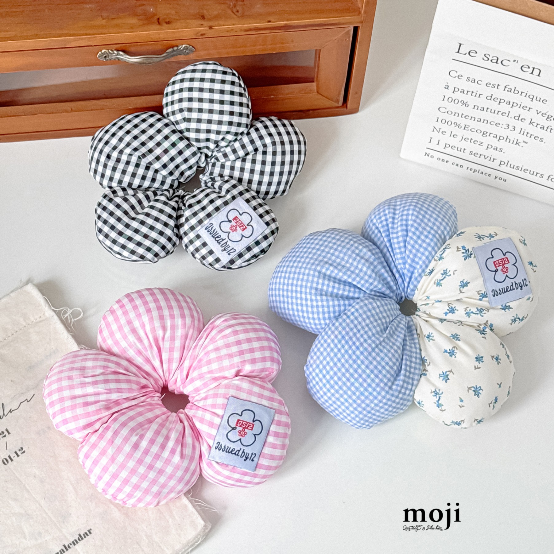 Buộc tóc scrunchies Flower cánh phồng hoa nhỏ phối kẻ ô