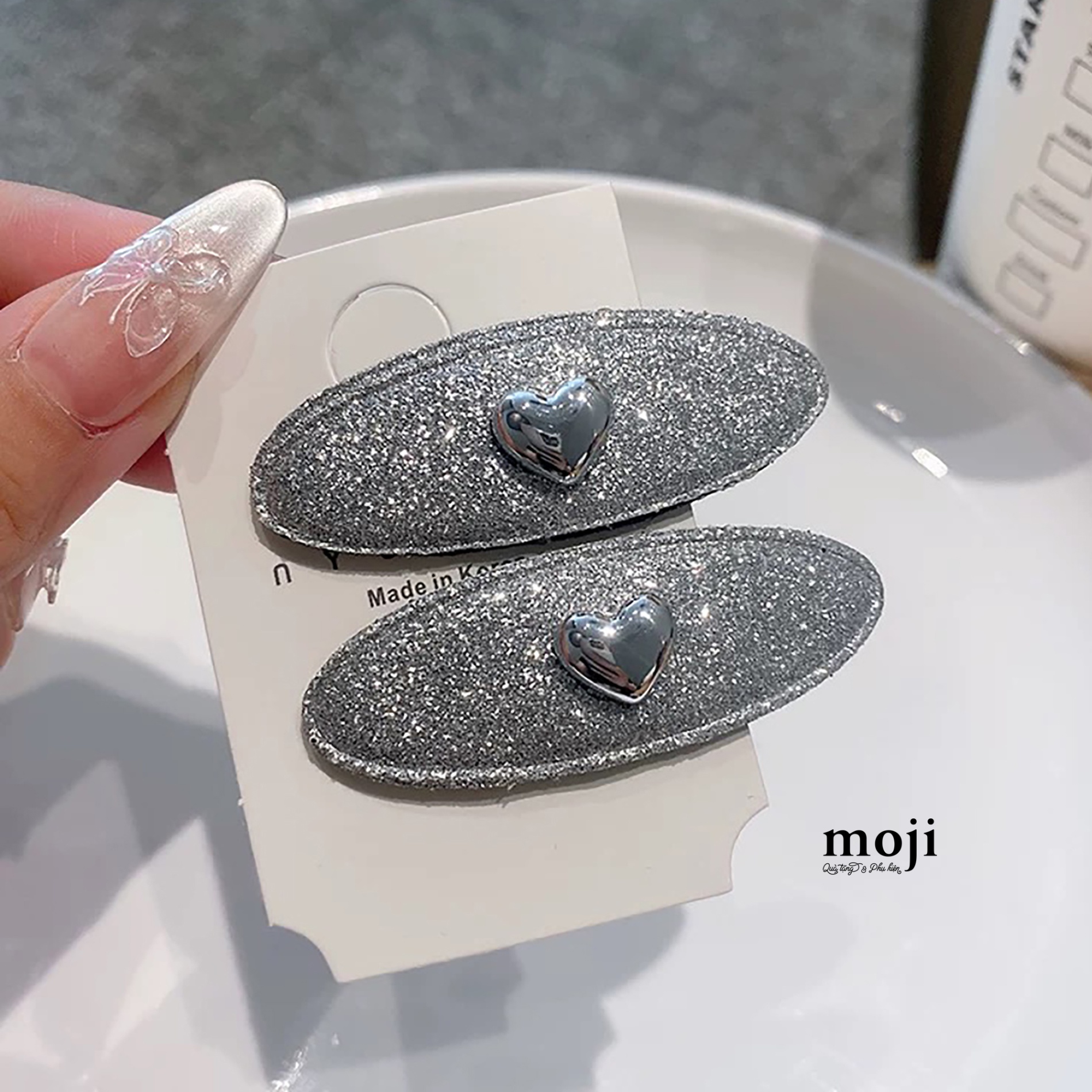 Kẹp tóc MJ Heart nền oval lấp lánh set2