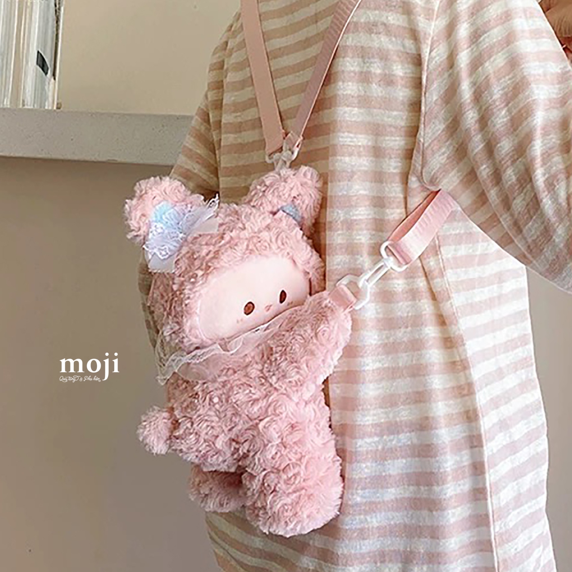 Balo gấu bông Cute rabbit đeo nơ vòng cổ ren 14x18x24