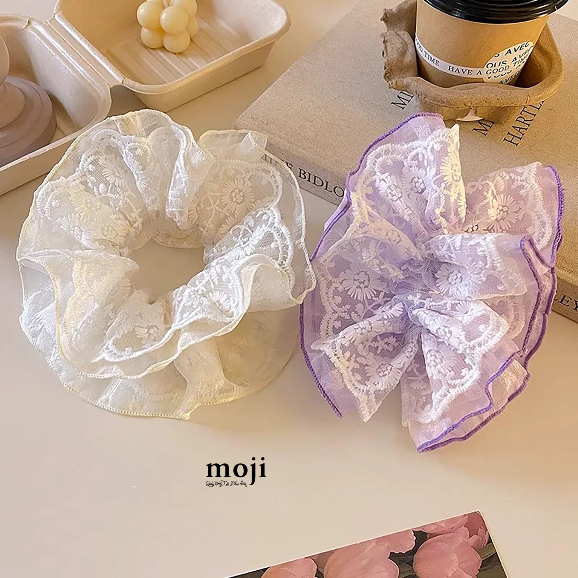 Buộc tóc scrunchies Flower vải ren phối voan 4 tầng