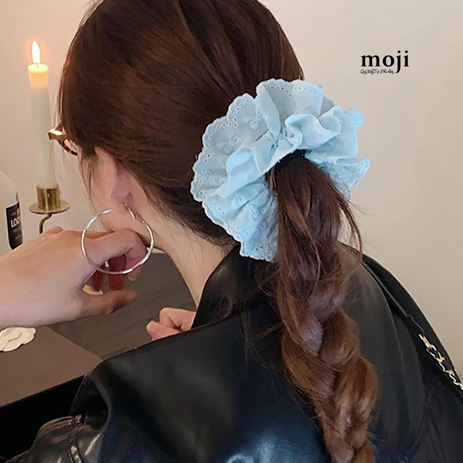 Buộc tóc scrunchies Bow nơ viền tròn rỗng 2 tầng