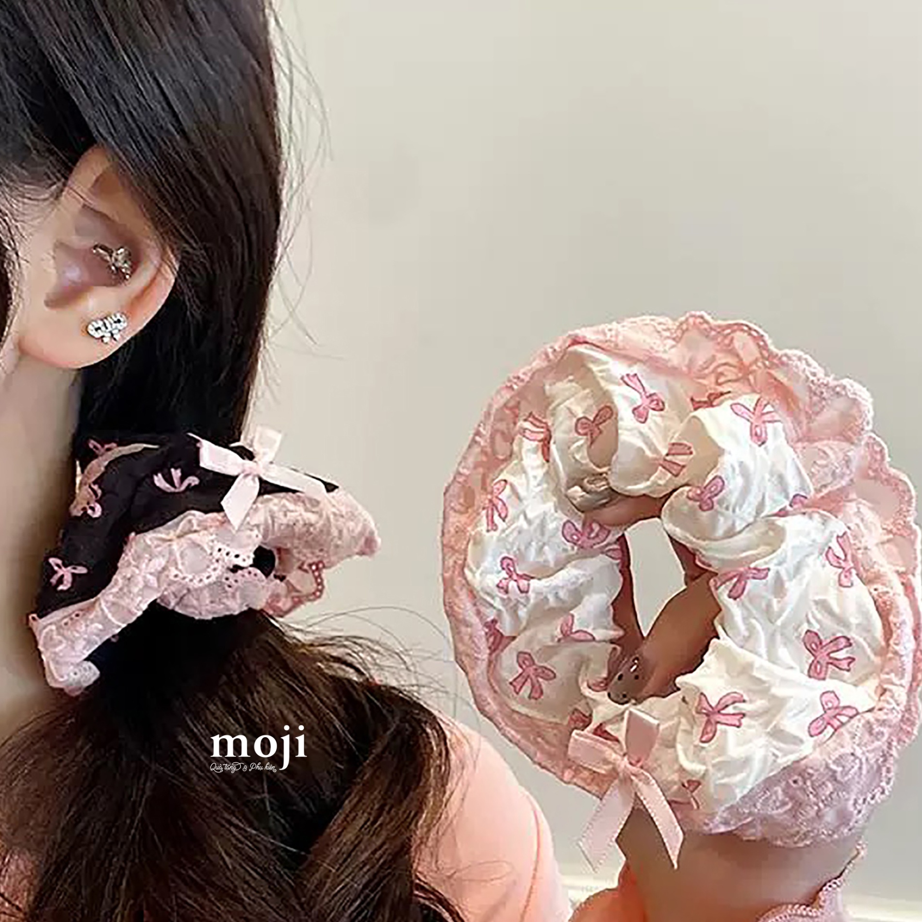 Buộc tóc scrunchies Bow nơ nền vải nhăn có viền