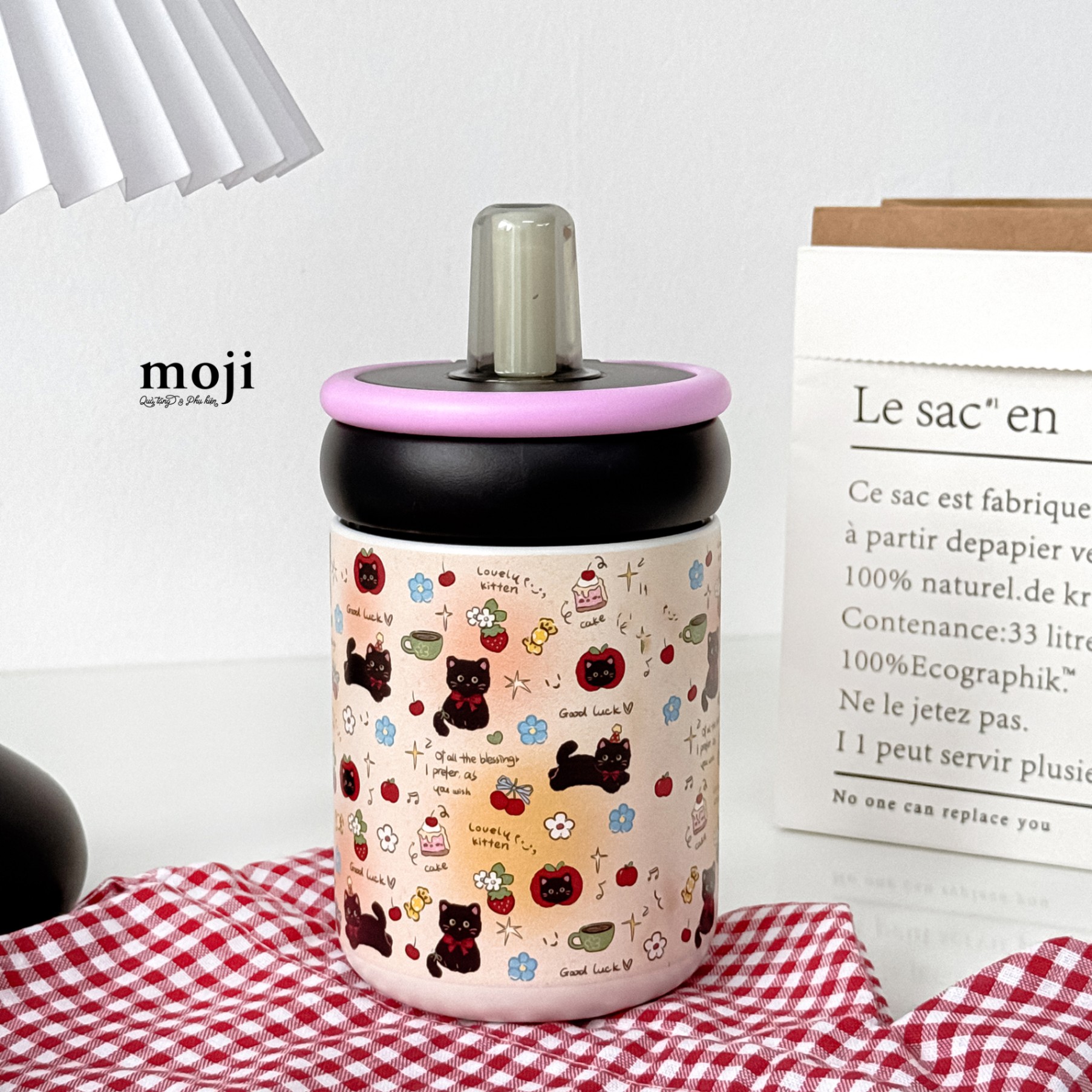 Ly cốc giữ nhiệt Black cat flower fruit good luck kèm ống hút 500ml