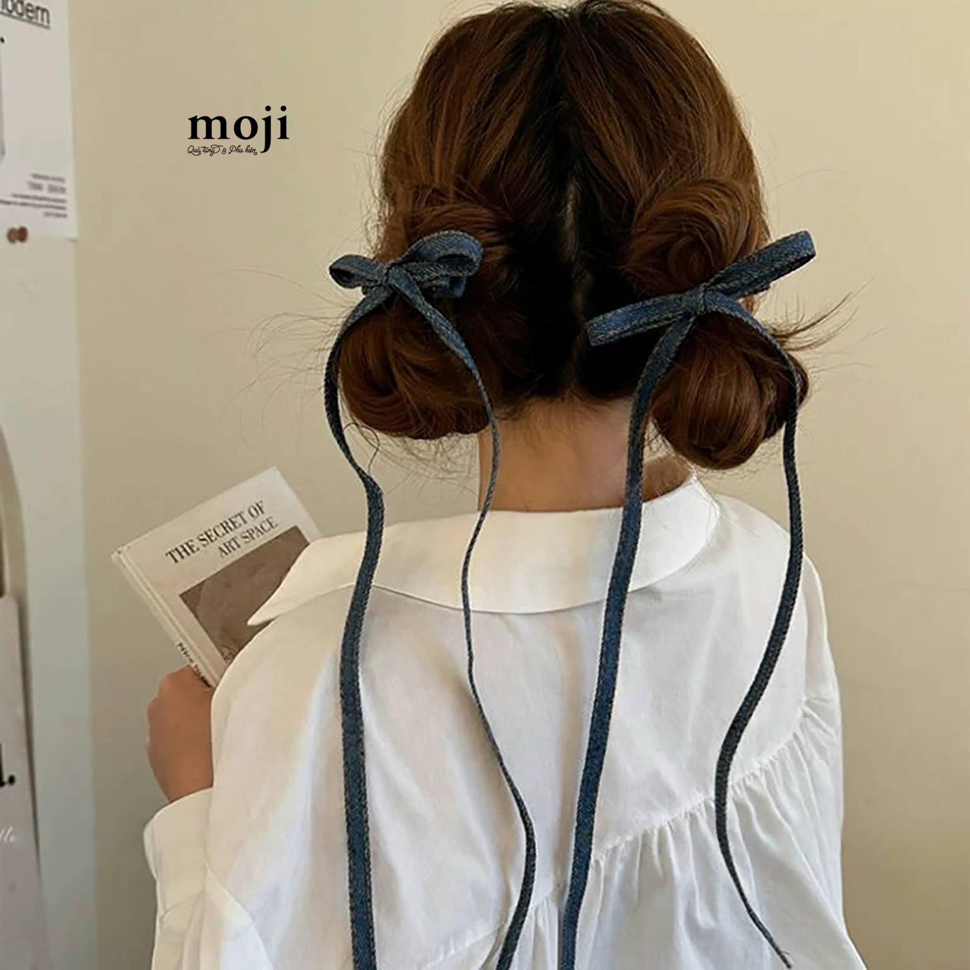 Kẹp tóc MJ Bow nơ denim style dây dài