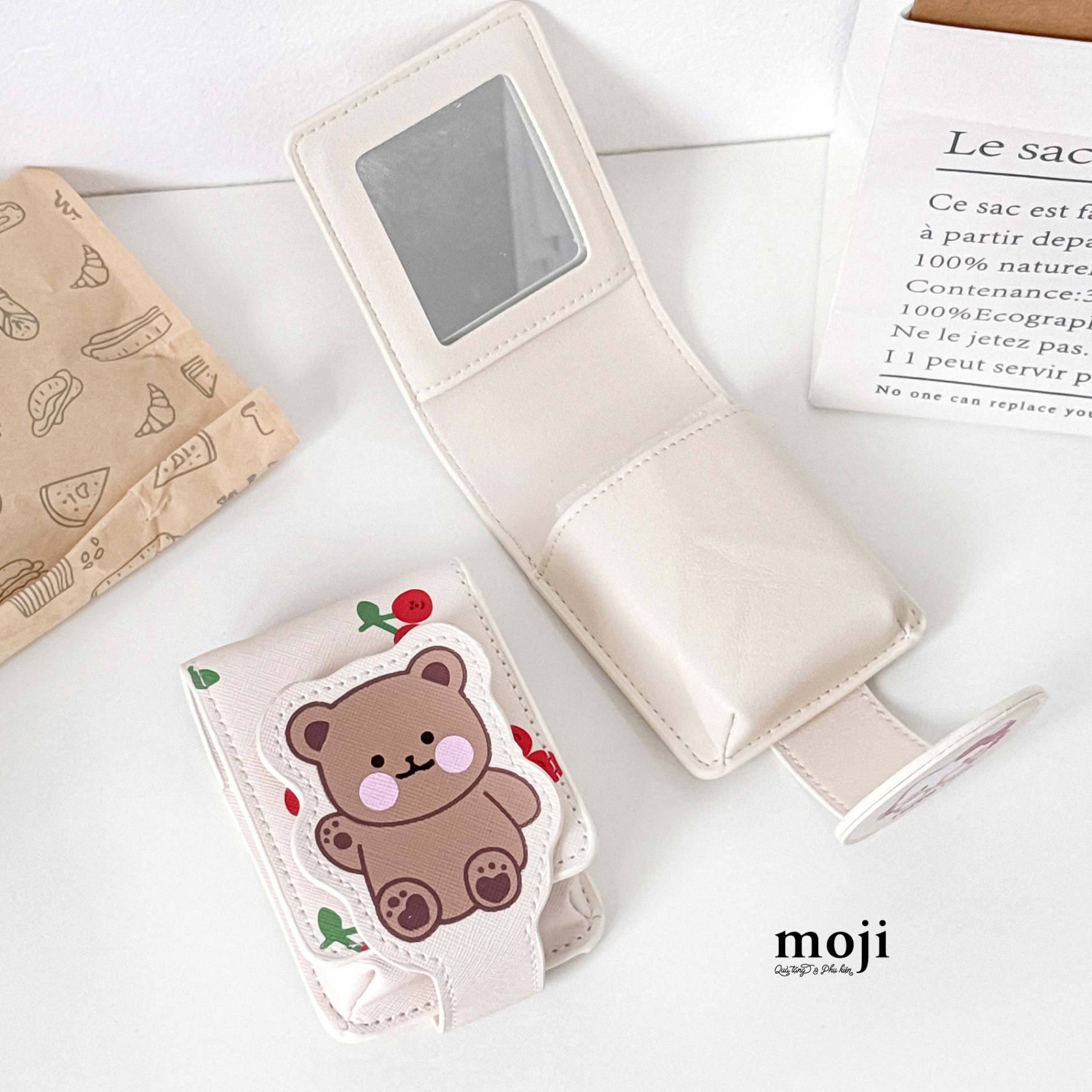 Túi ví đa năng Baby bear fruit cherry kèm gương 7x11