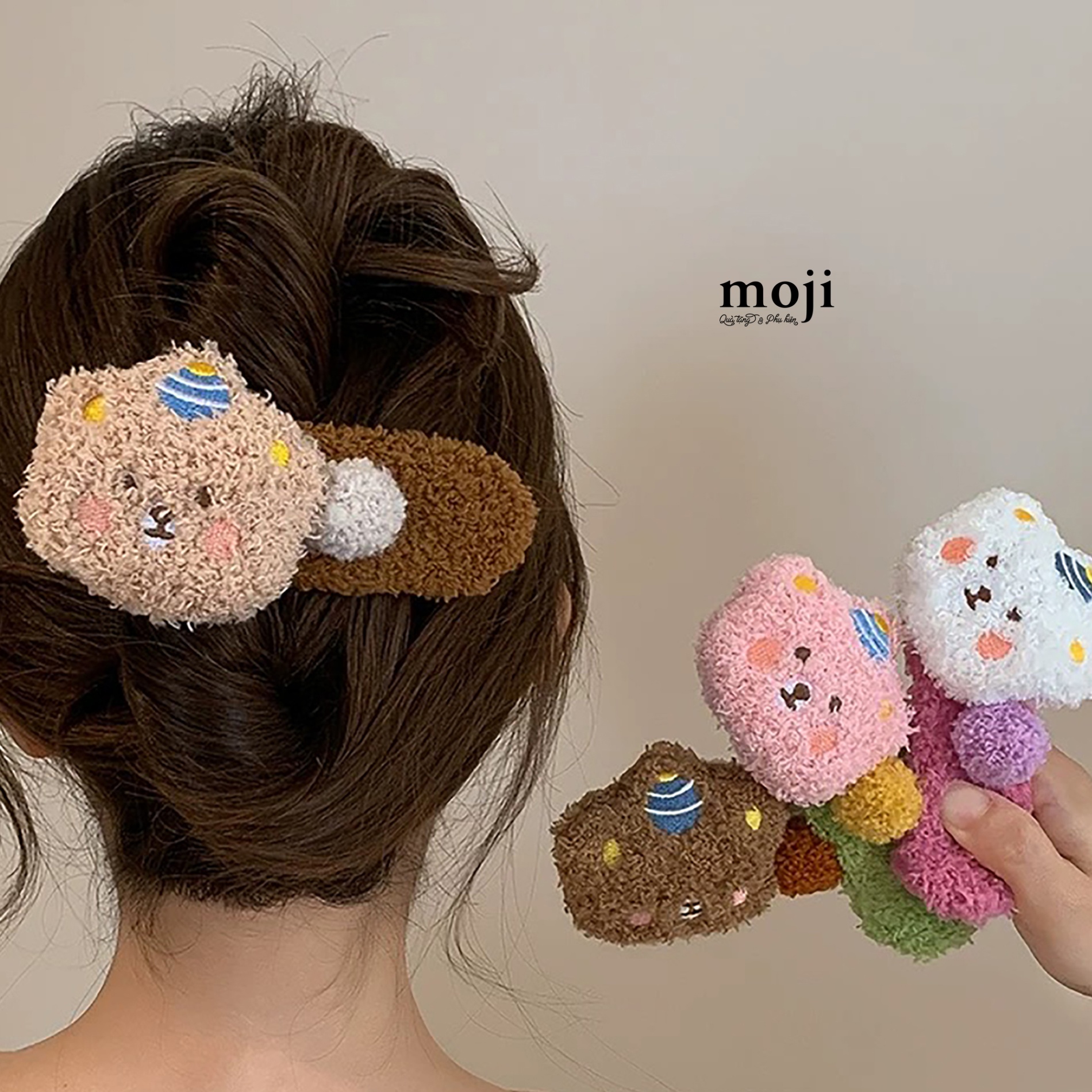 Kẹp tóc MJ lông xù lớn Cute animal face đội mũ party khối tròn