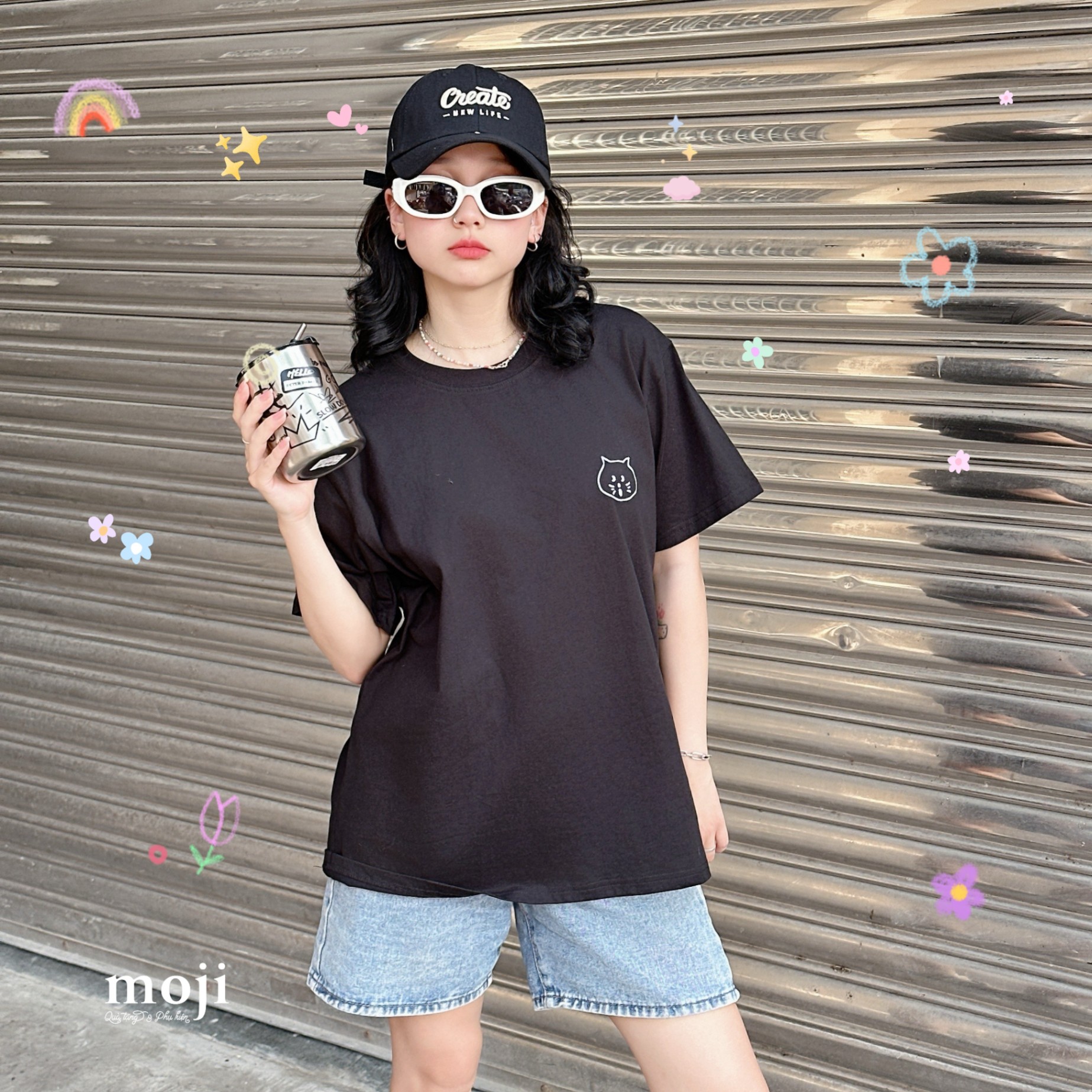 Áo thun áo phông MJ Little cat face biểu cảm
