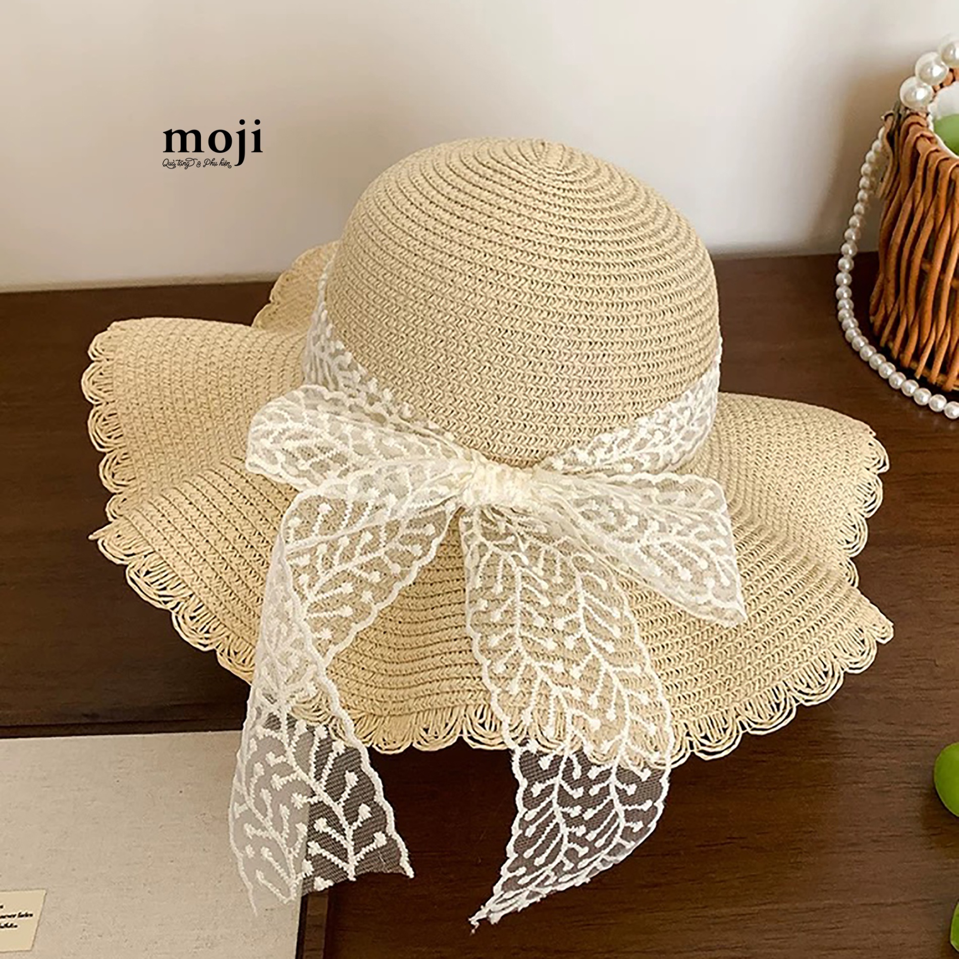 Mũ nón rộng vành White leaf bow nơ bản to