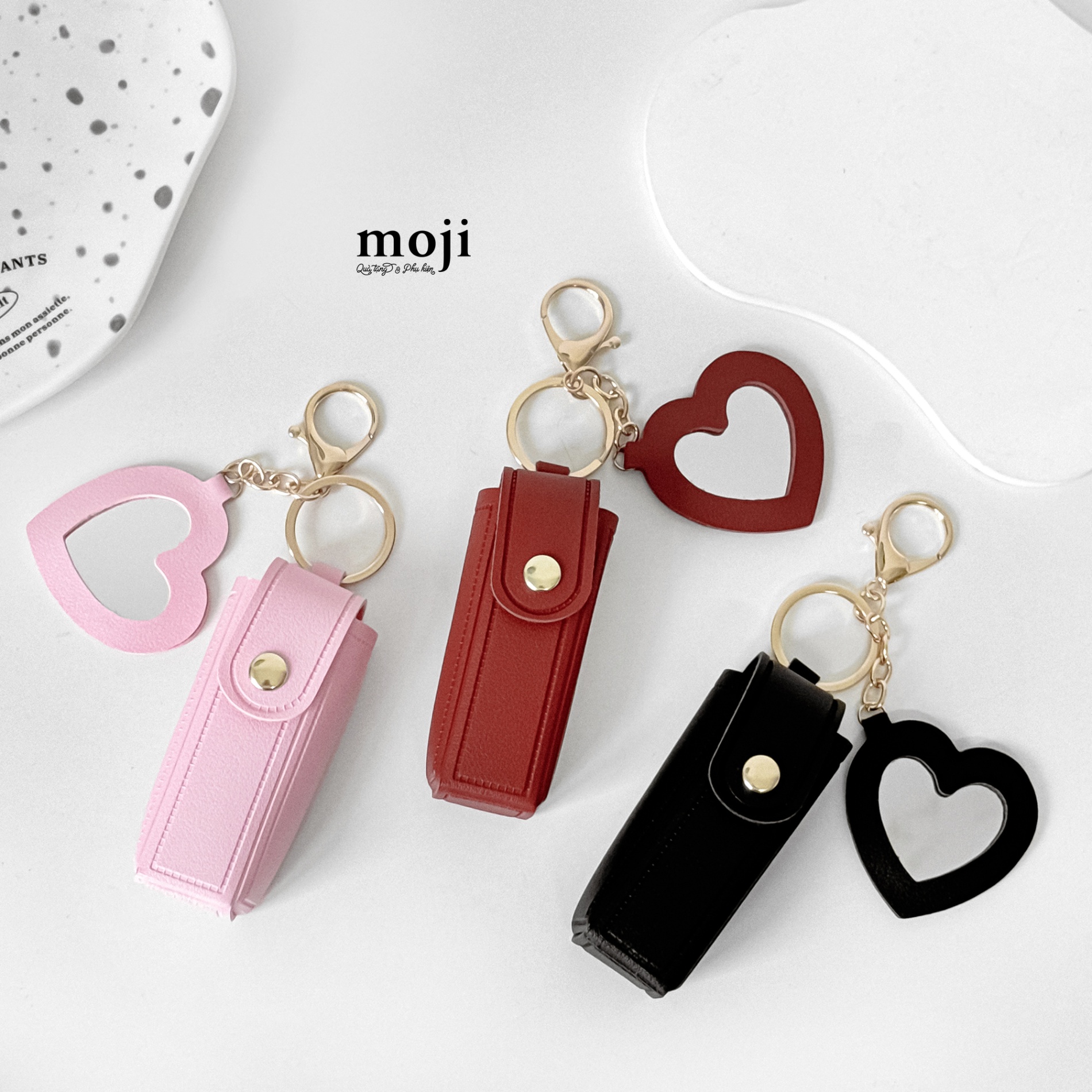 Móc khóa MJ đa năng đựng son Basic hình hộp da kèm gương