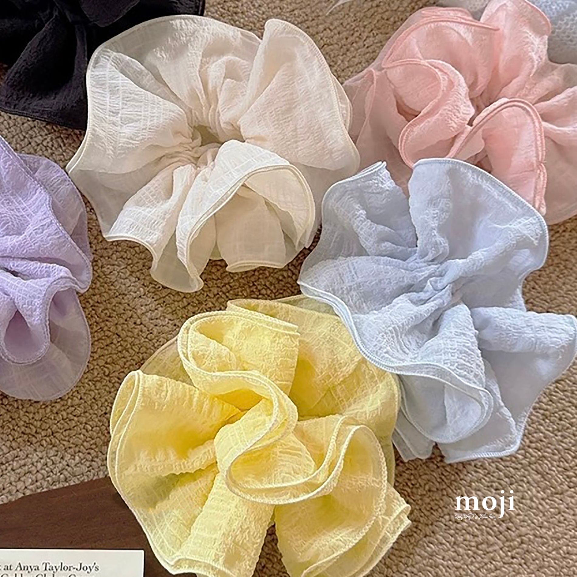 Buộc tóc scrunchies Basic vải nhăn lớn kẻ ô có viền 4 tầng