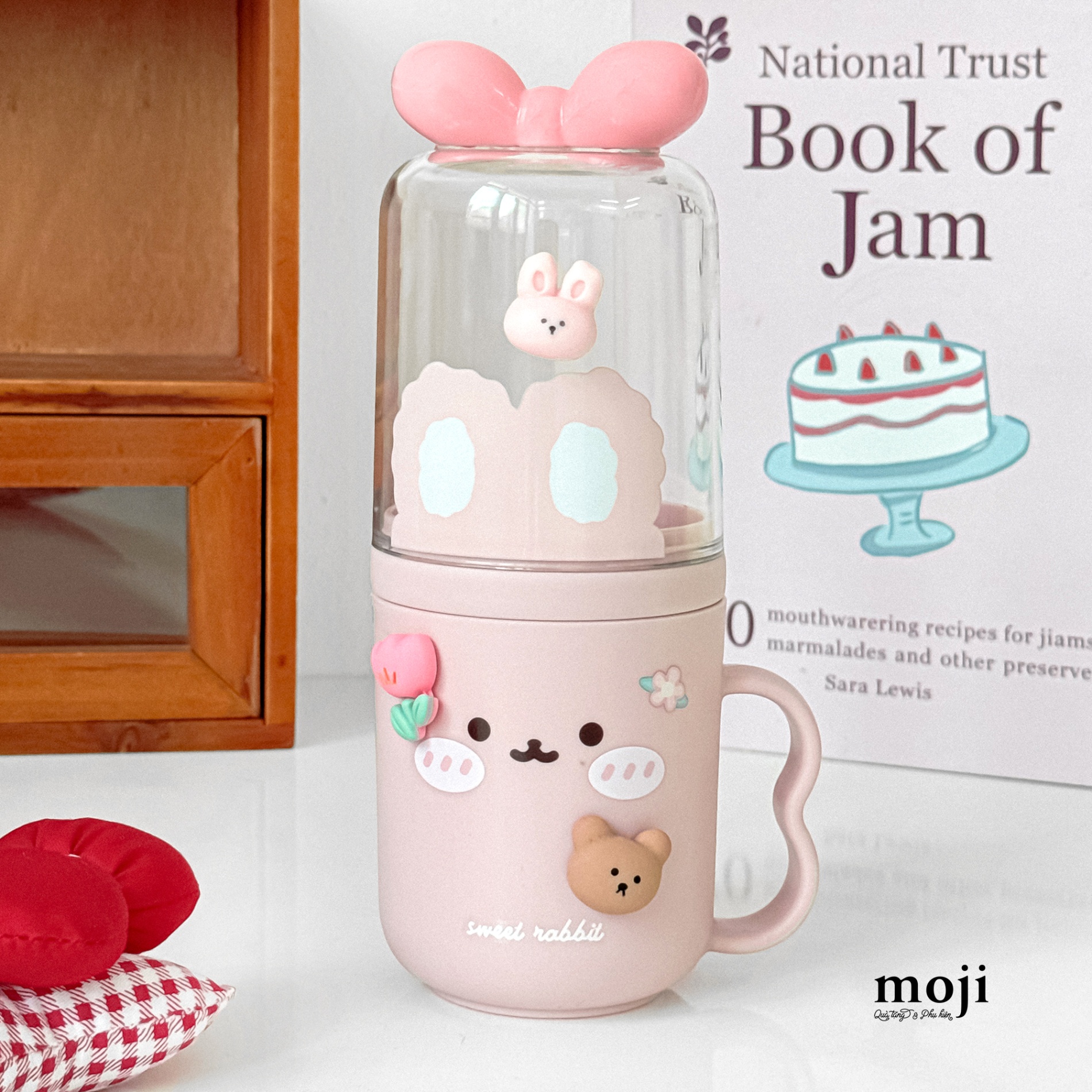 Ống đựng bàn chải kem đánh răng Sweet rabbit face má hồng nơ lớn kèm sticker 6x17