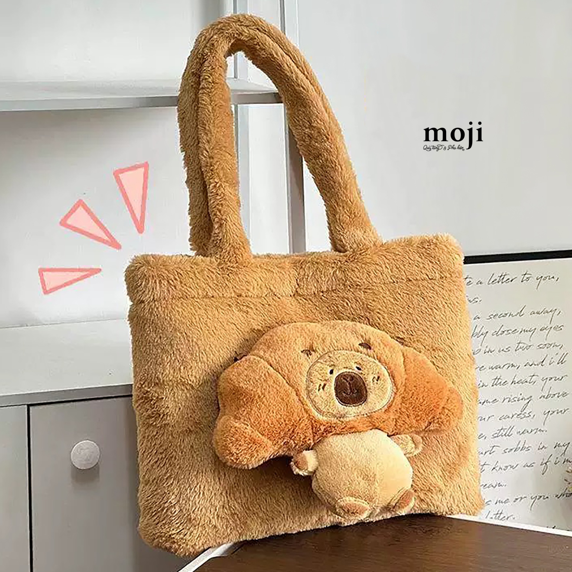 Túi đeo vải lông xù kèm túi đeo gấu bông Capybara cosplay croissant bánh sừng bò 5x29x37