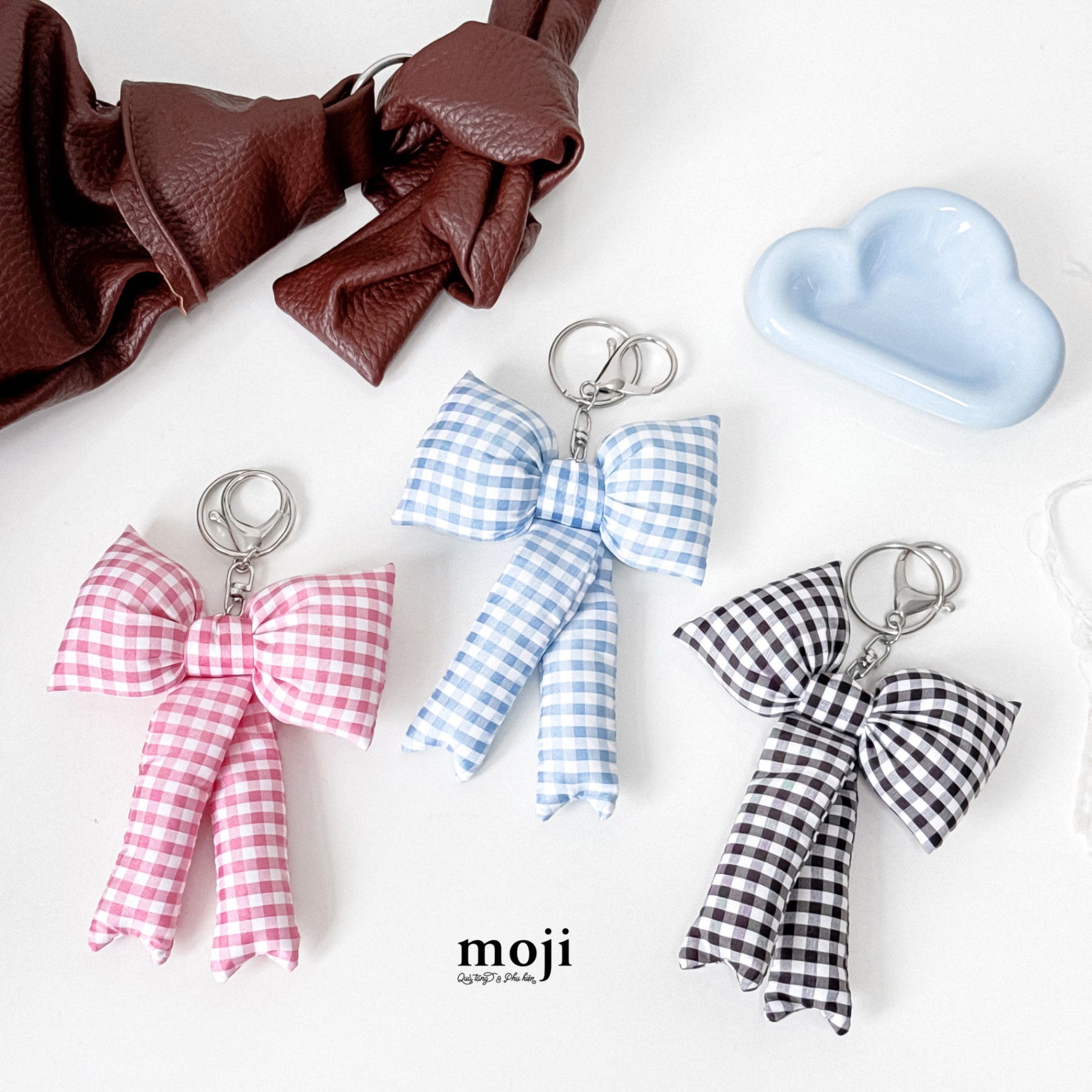 Móc khóa nhồi bông Bow nơ dây dài kẻ ô