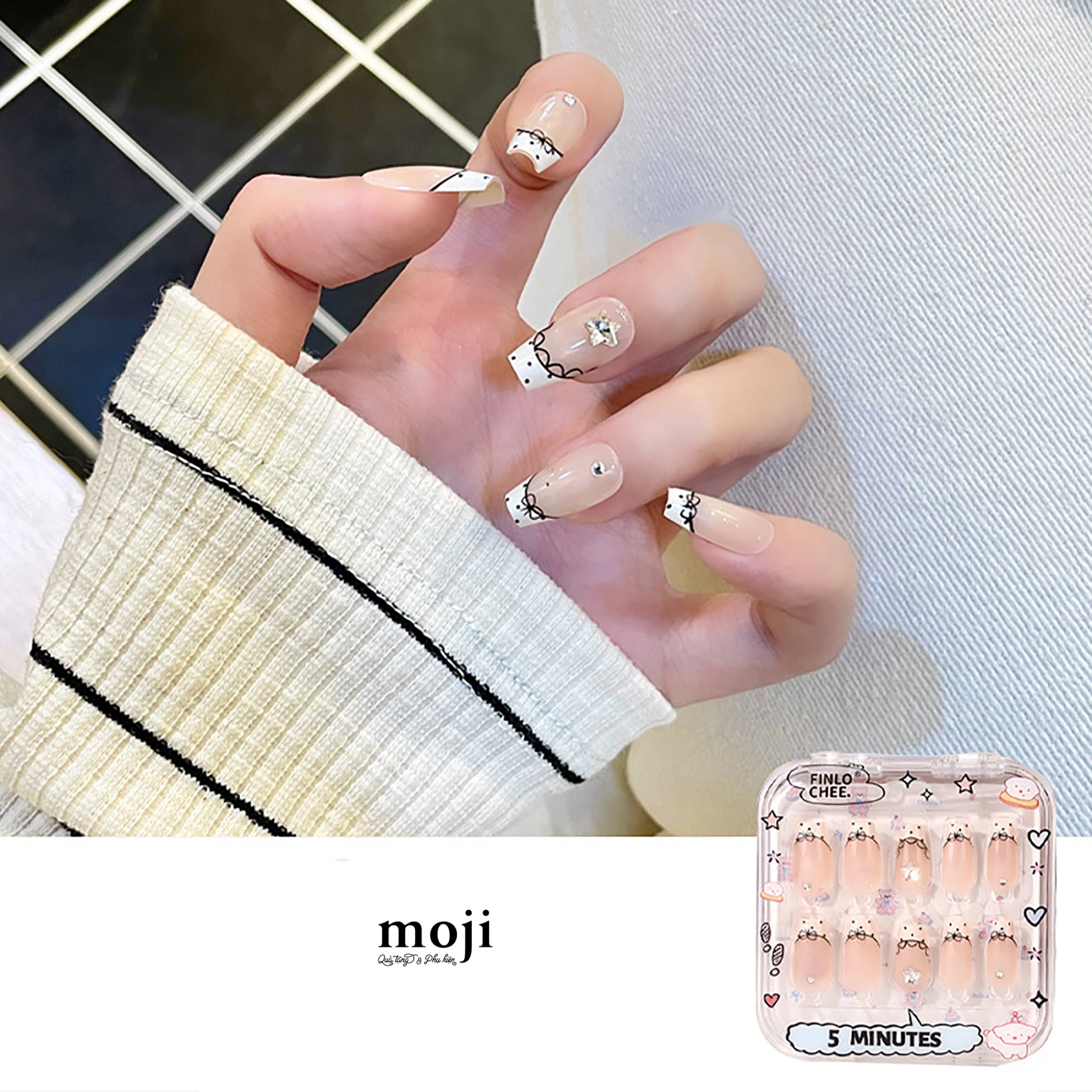 Móng tay giả đính chi tiết nổi French manicure chấm bi nơ kèm keo CX206-77 set30
