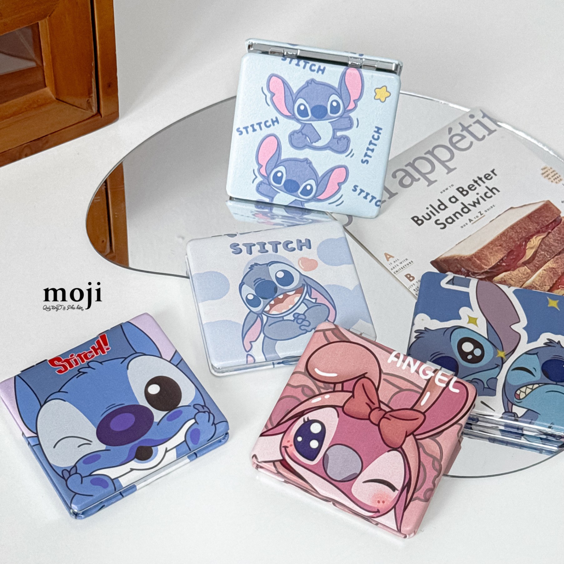Gương gập vuông Stitch Angel biểu cảm 7x7
