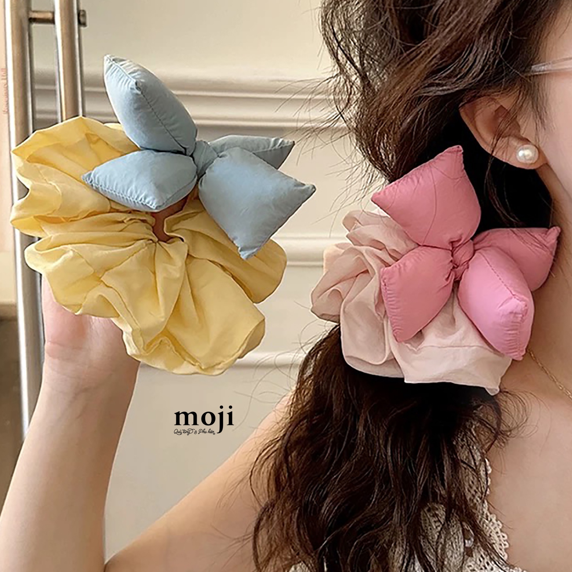 Buộc tóc scrunchies Puffy bow nơ phối màu