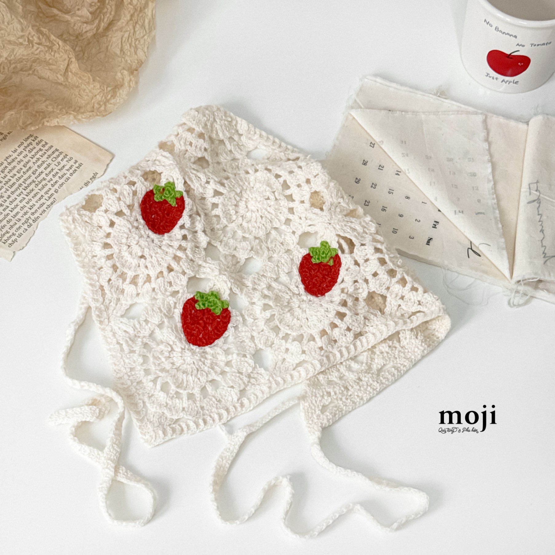 Khăn bandana móc len Little fruit strawberry 24x50