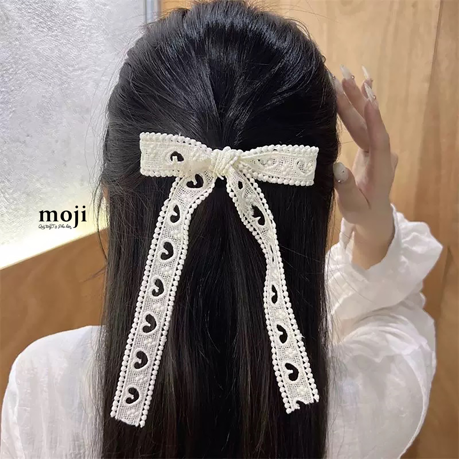 Kẹp tóc MJ Bow nơ ren dây dài họa tiết trái tim