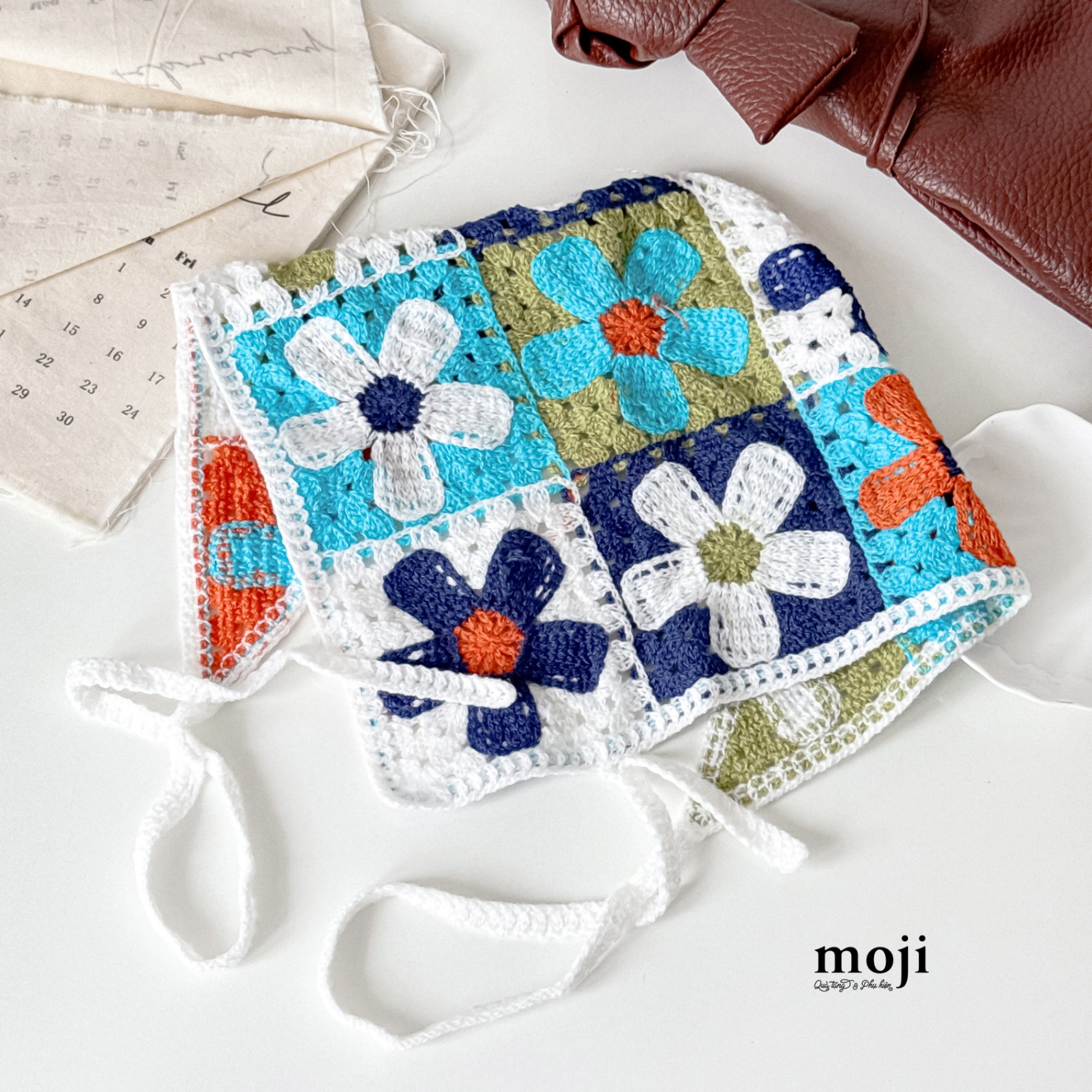 Khăn bandana móc len Colorful flower trong ô vuông 24x50