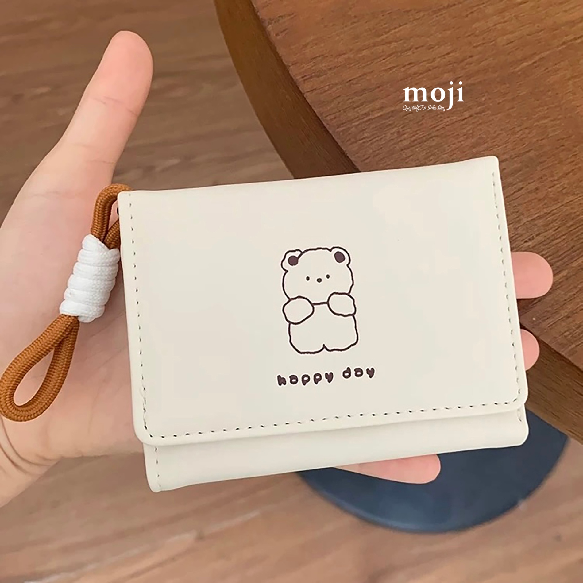 Ví da gập ngắn Baby bear rabbit viền màu happy day kèm móc 8x10