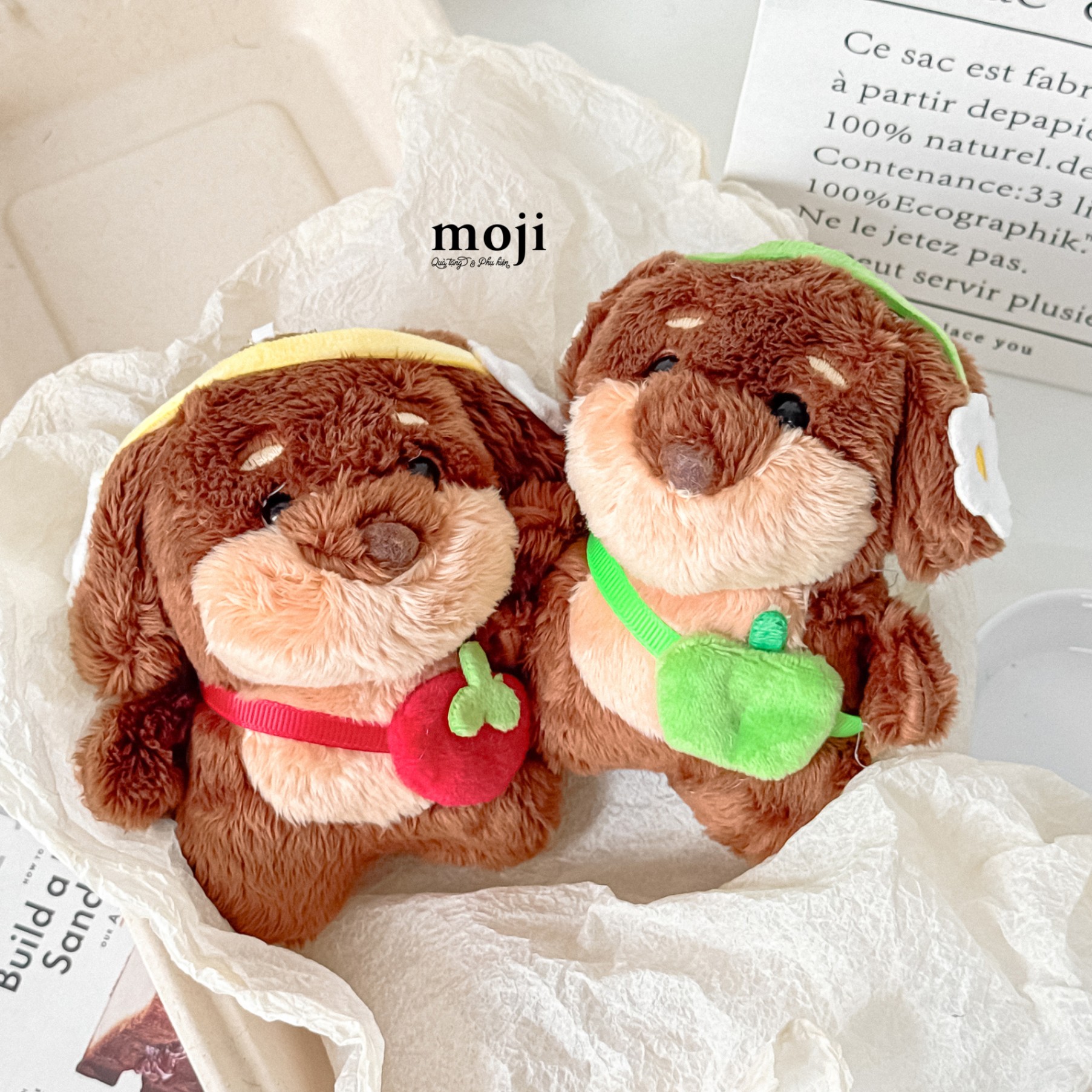 Móc khóa nhồi bông Cute dog tai nghe hoa đeo túi quả dâu