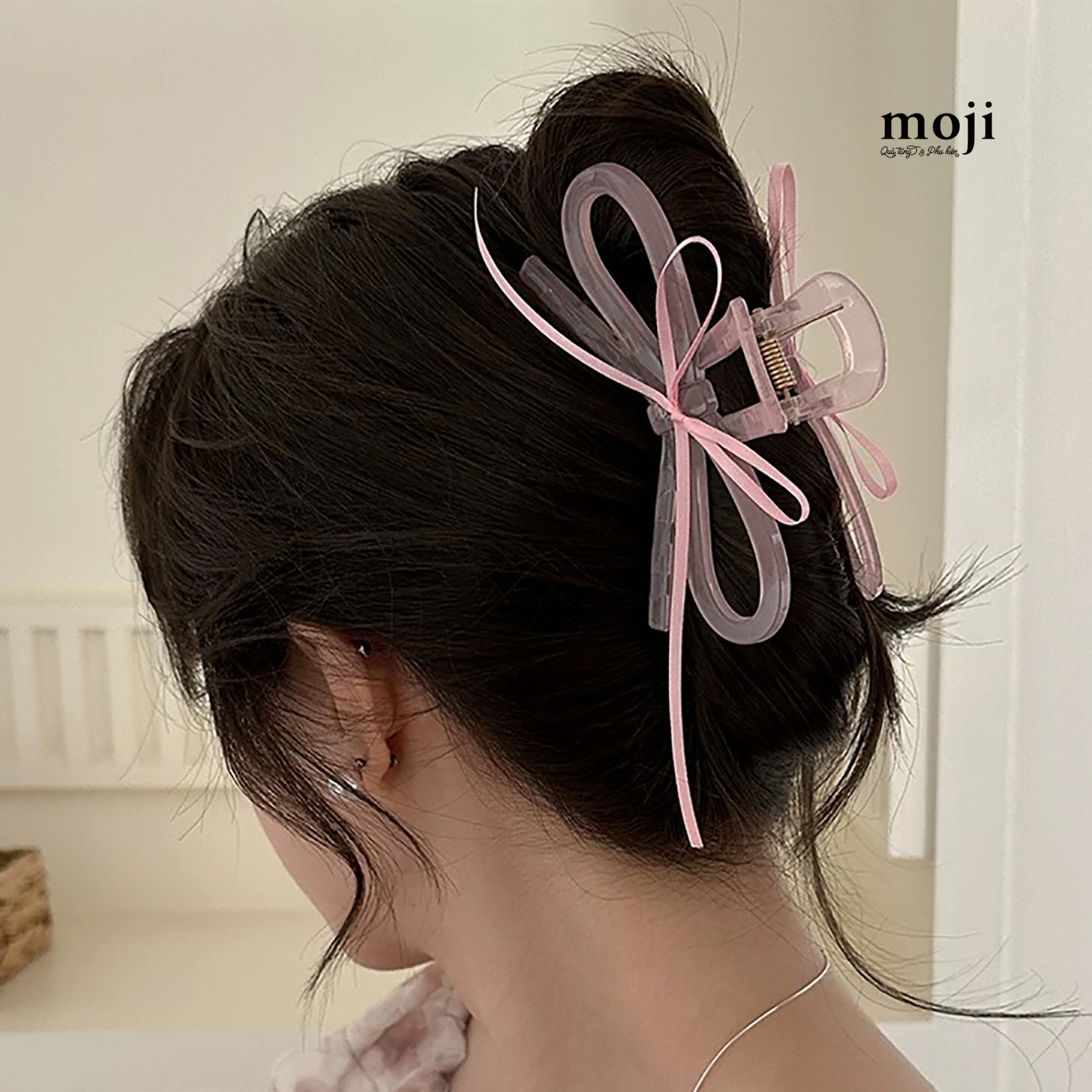 Kẹp tóc càng cua Bow nơ trong suốt 1 màu đính ruy băng
