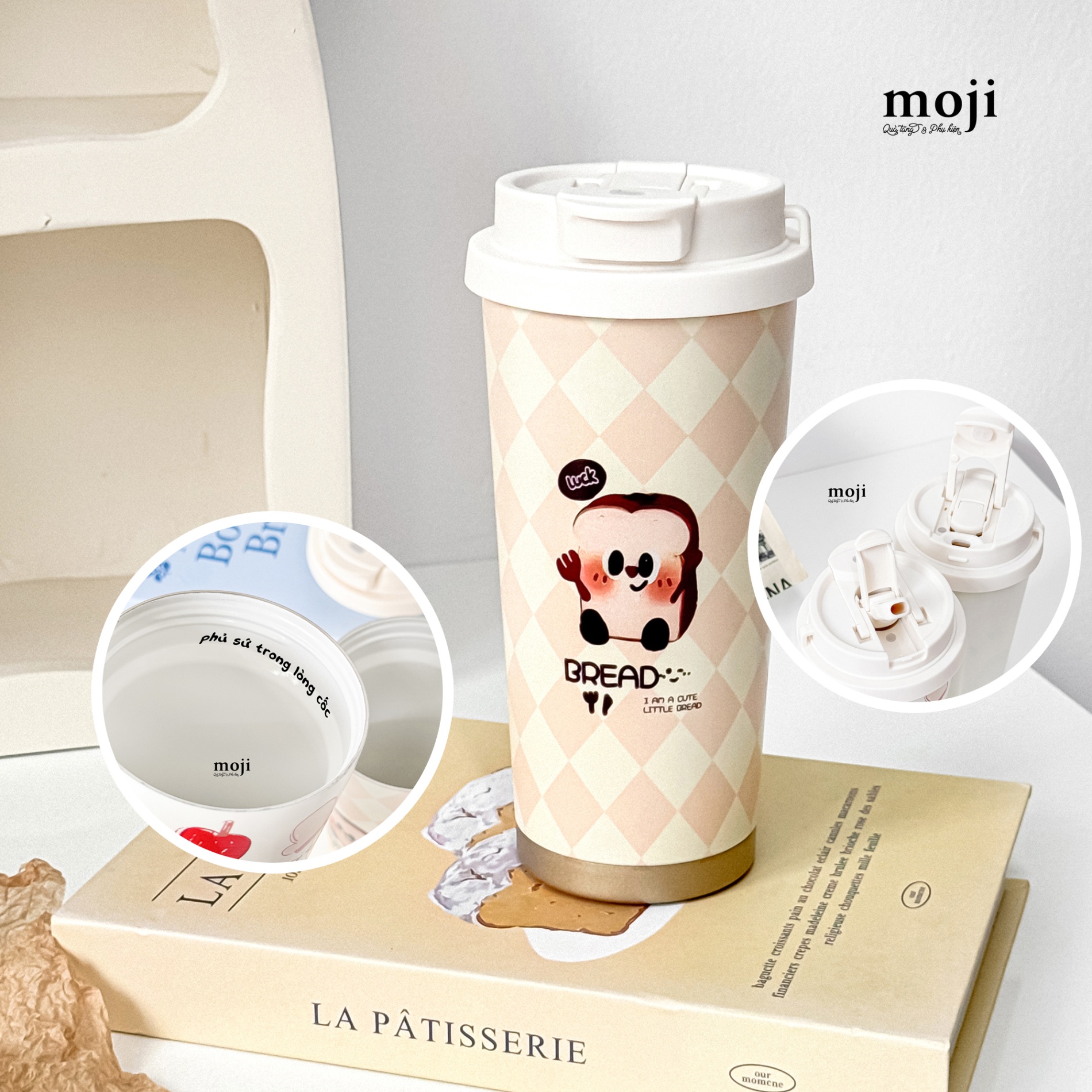 Ly cốc giữ nhiệt phủ sứ I am a cute little bread 530ml