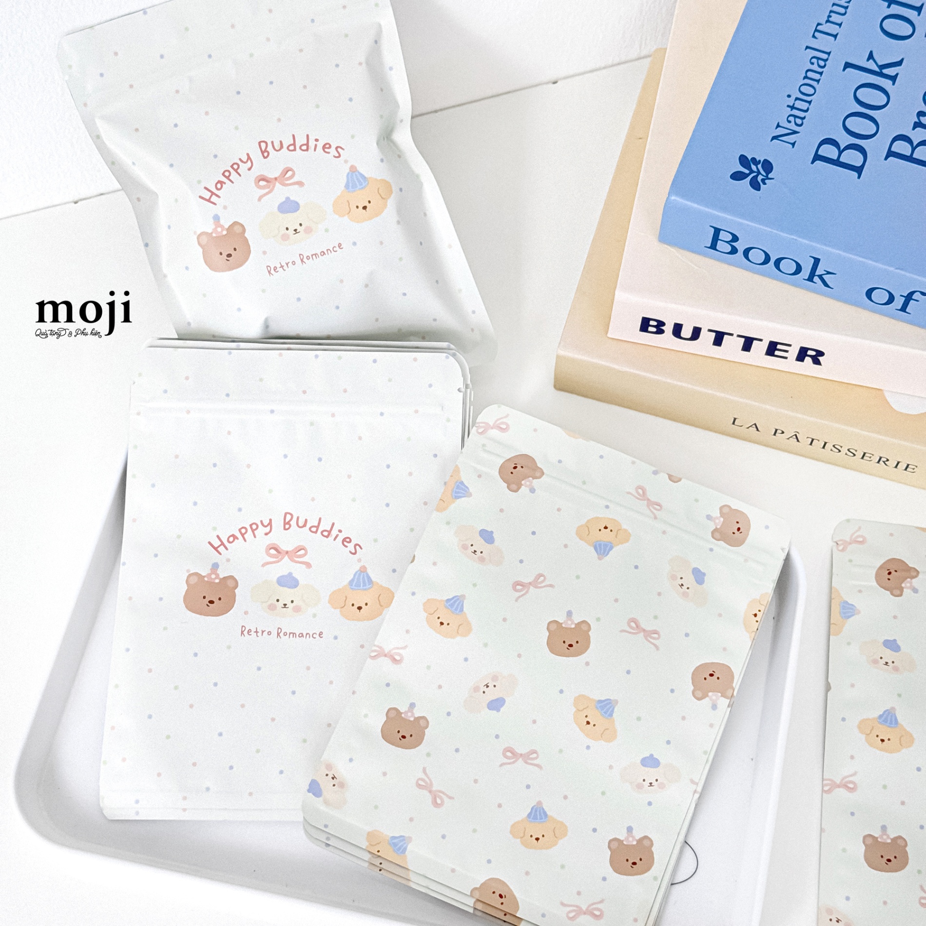 Túi zip đa năng Cute animal đội mũ happy buddies nơ chấm bi 15x20 set10