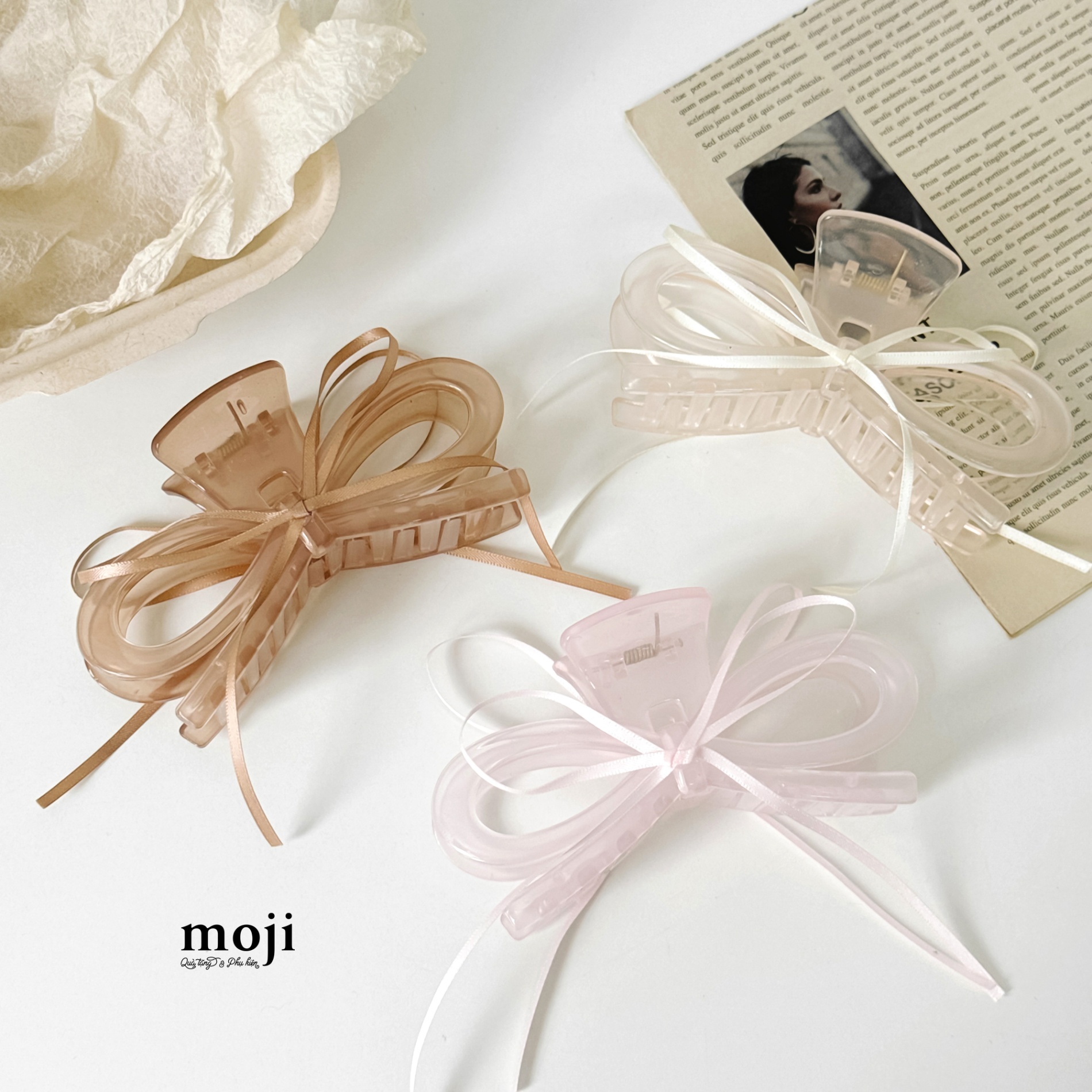 Kẹp tóc càng cua Bow nơ trong suốt 1 màu đính ruy băng