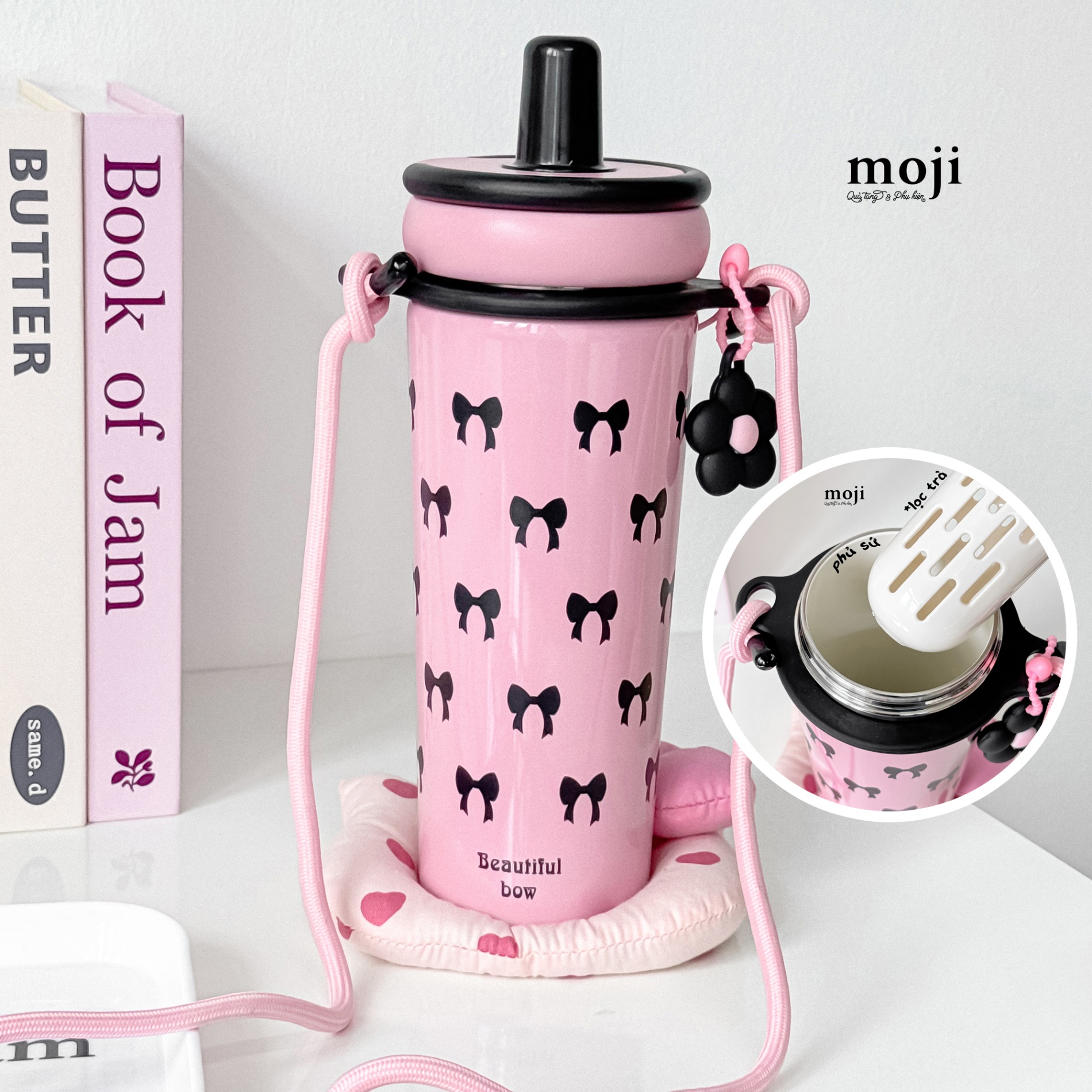 Ly cốc giữ nhiệt phủ sứ Beautiful bow nơ kèm dây 700ml