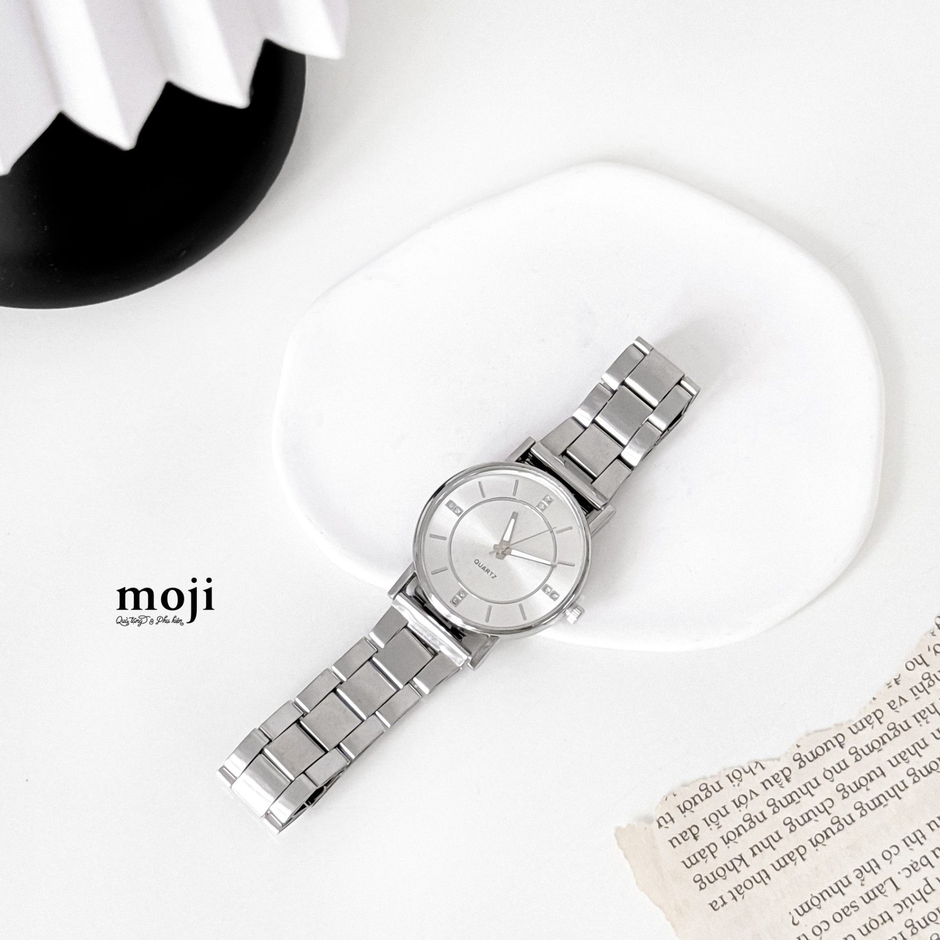 Đồng hồ MJ dây kim loại QUARTZ mặt tròn vạch số đính đá 40mm
