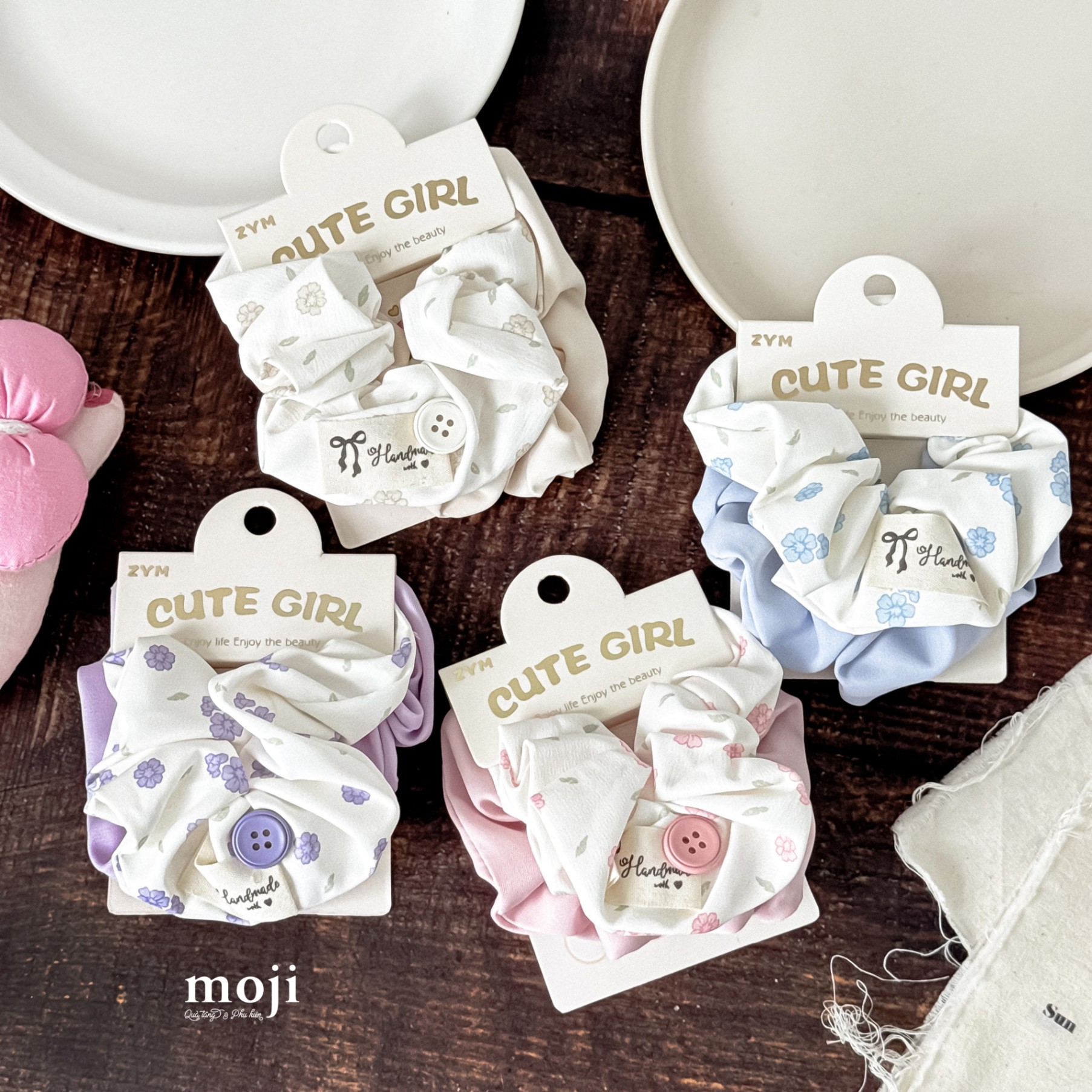 Buộc tóc scrunchies Flower hoa nhỏ cúc áo set2
