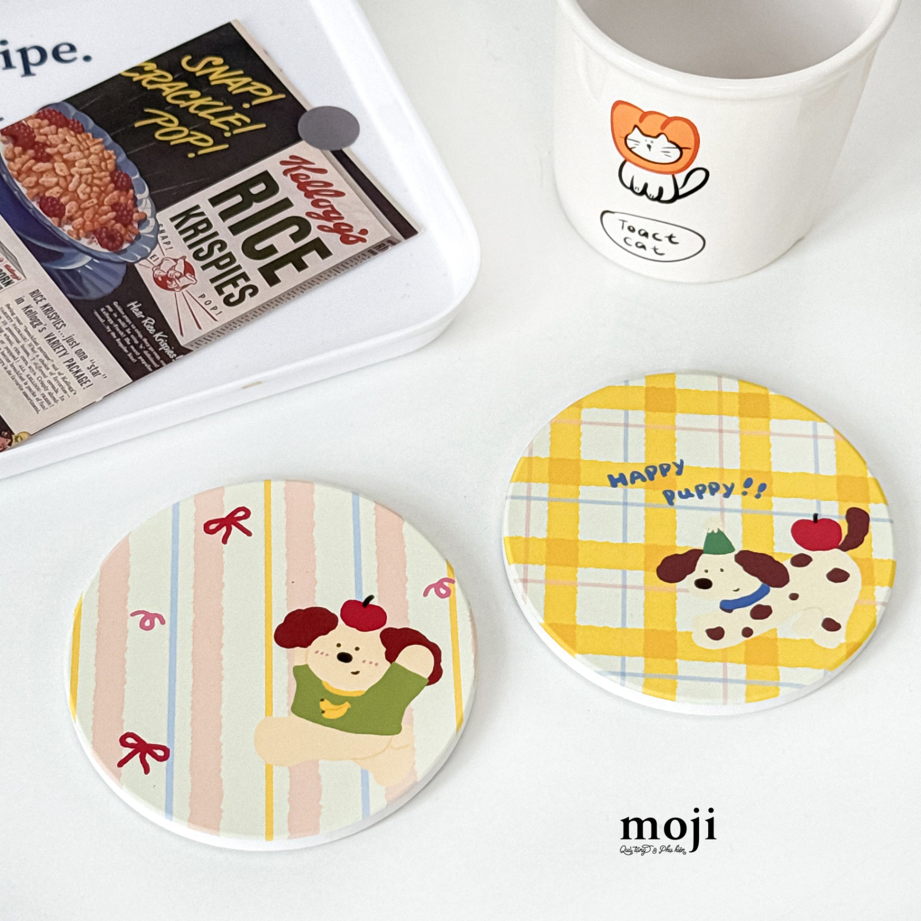 Lót cốc Happy puppy dog nền họa tiết