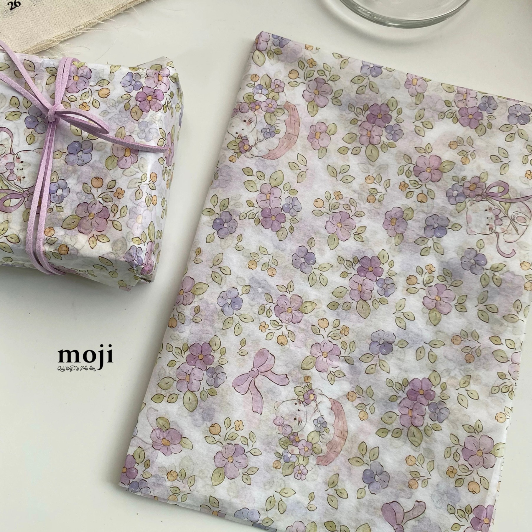 Giấy nhăn trang trí hộp quà Cute cat bow flower garden 35x50