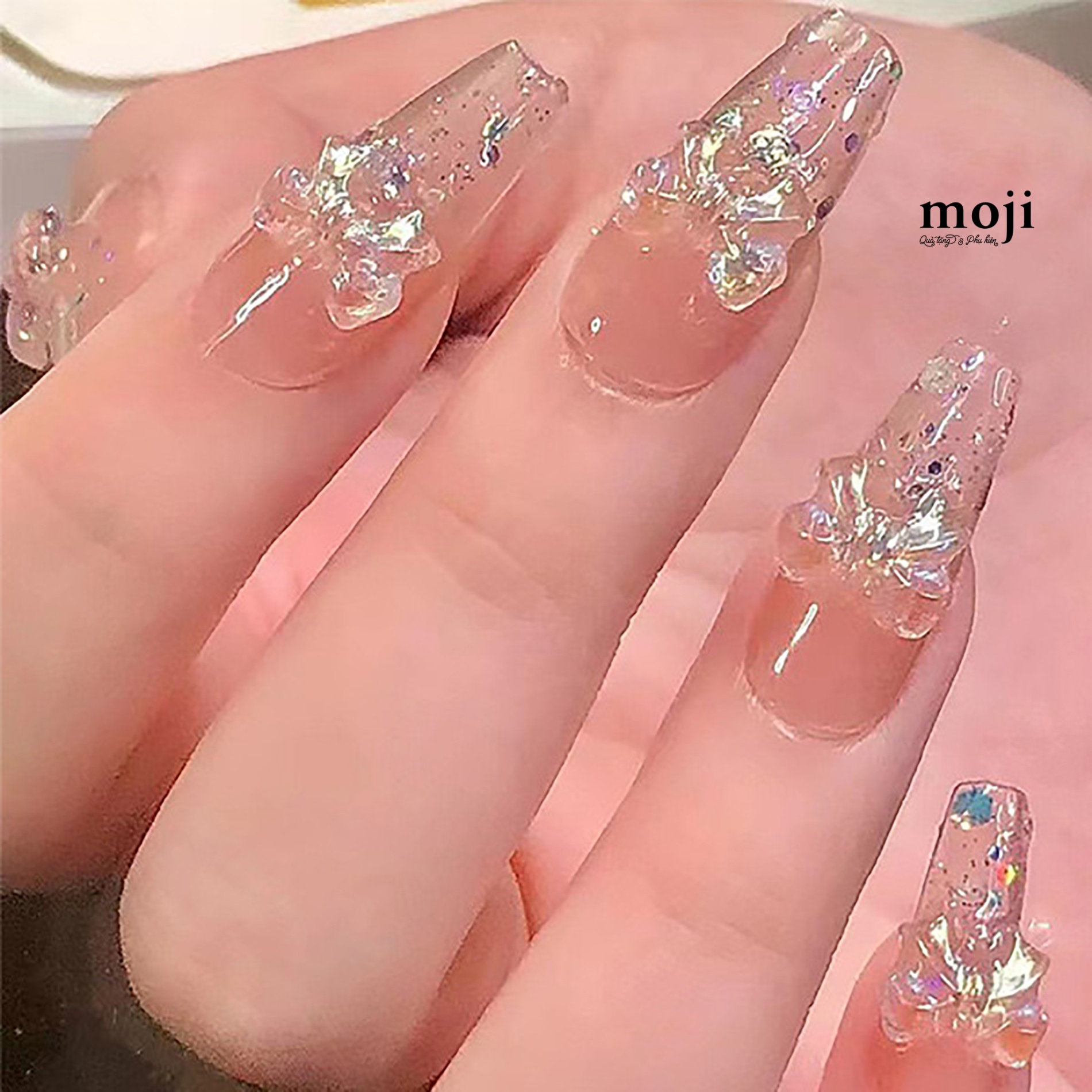 Móng tay giả đính chi tiết nổi Bow nơ trong suốt kèm keo E32 set10