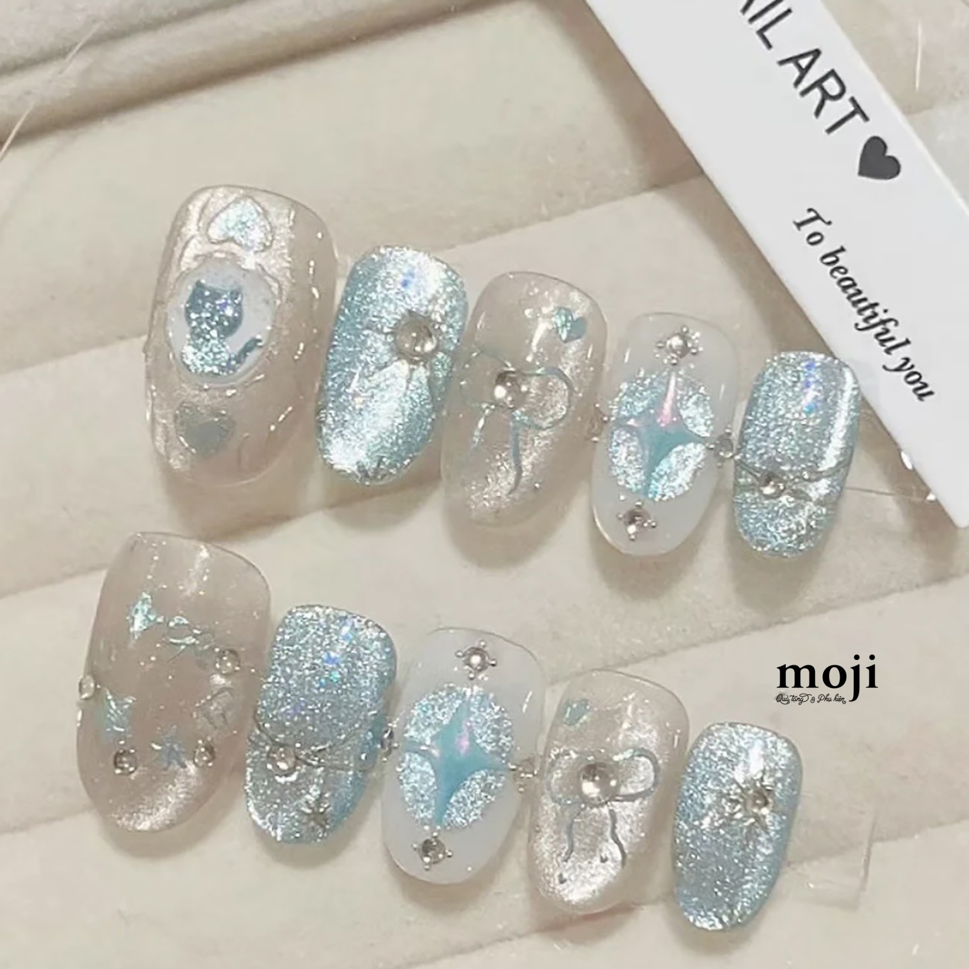 Móng tay giả Blue cat bow heart star kèm keo WY803 set30