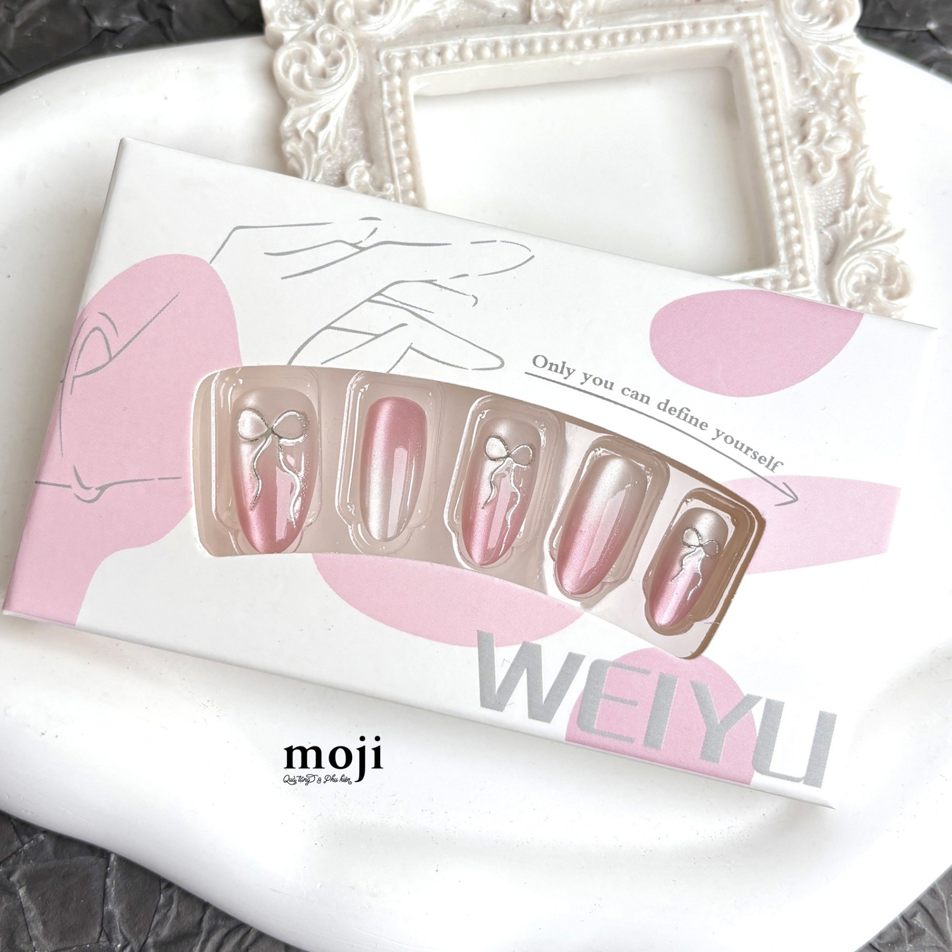 Móng tay giả Bow nơ dây dài nền gradient color kèm keo WY660 set30
