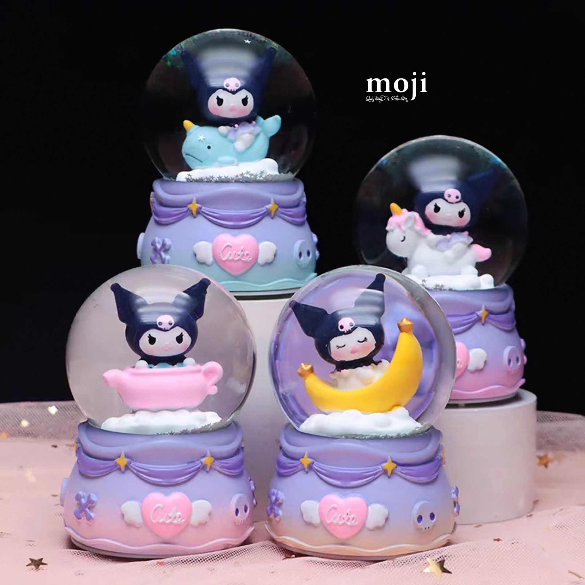 Quả cầu tuyết Sanrio family Kuromi cưỡi unicorn cá voi đồ vật cute có đèn 5x7