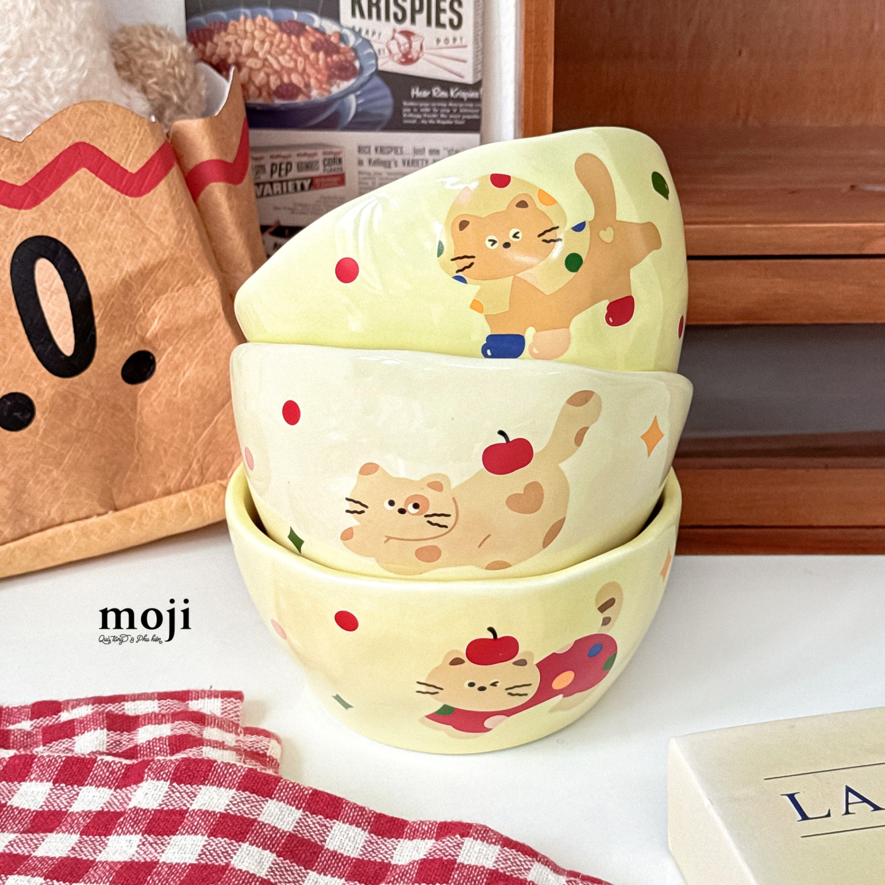 Chén bát gốm sứ Happy cat apple chấm màu sắc 5x12