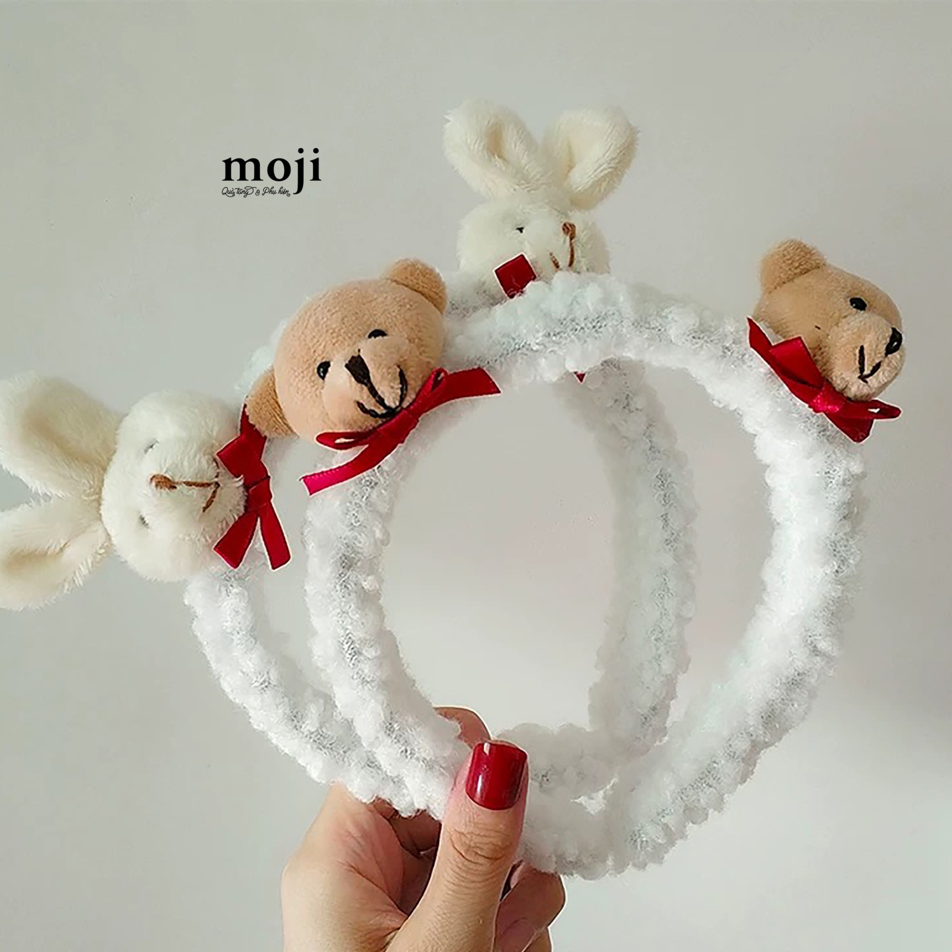 Băng đô bờm lông xoắn Baby bear rabbit face nơ nhỏ