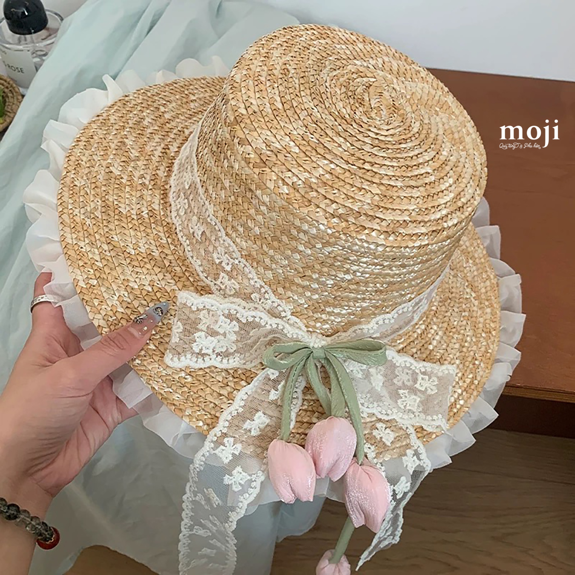 Mũ nón rộng vành Tulip flower viền voan nhún