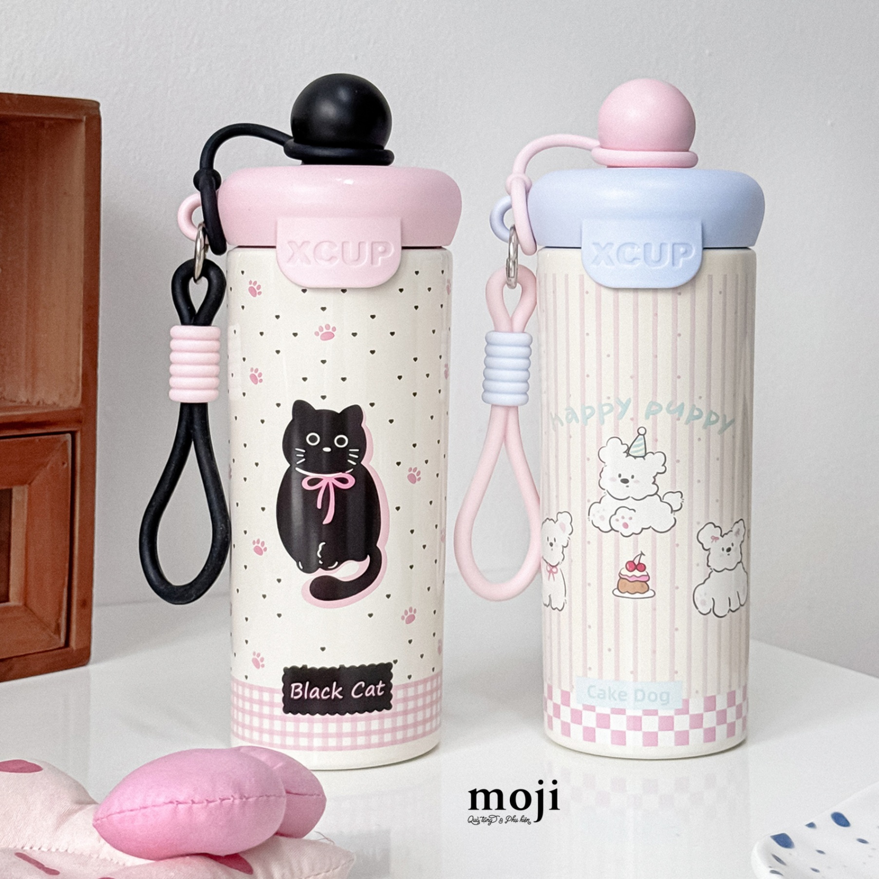 Bình nước giữ nhiệt Black cat cute rabbit cake dog nền họa tiết chấm bi 600ml