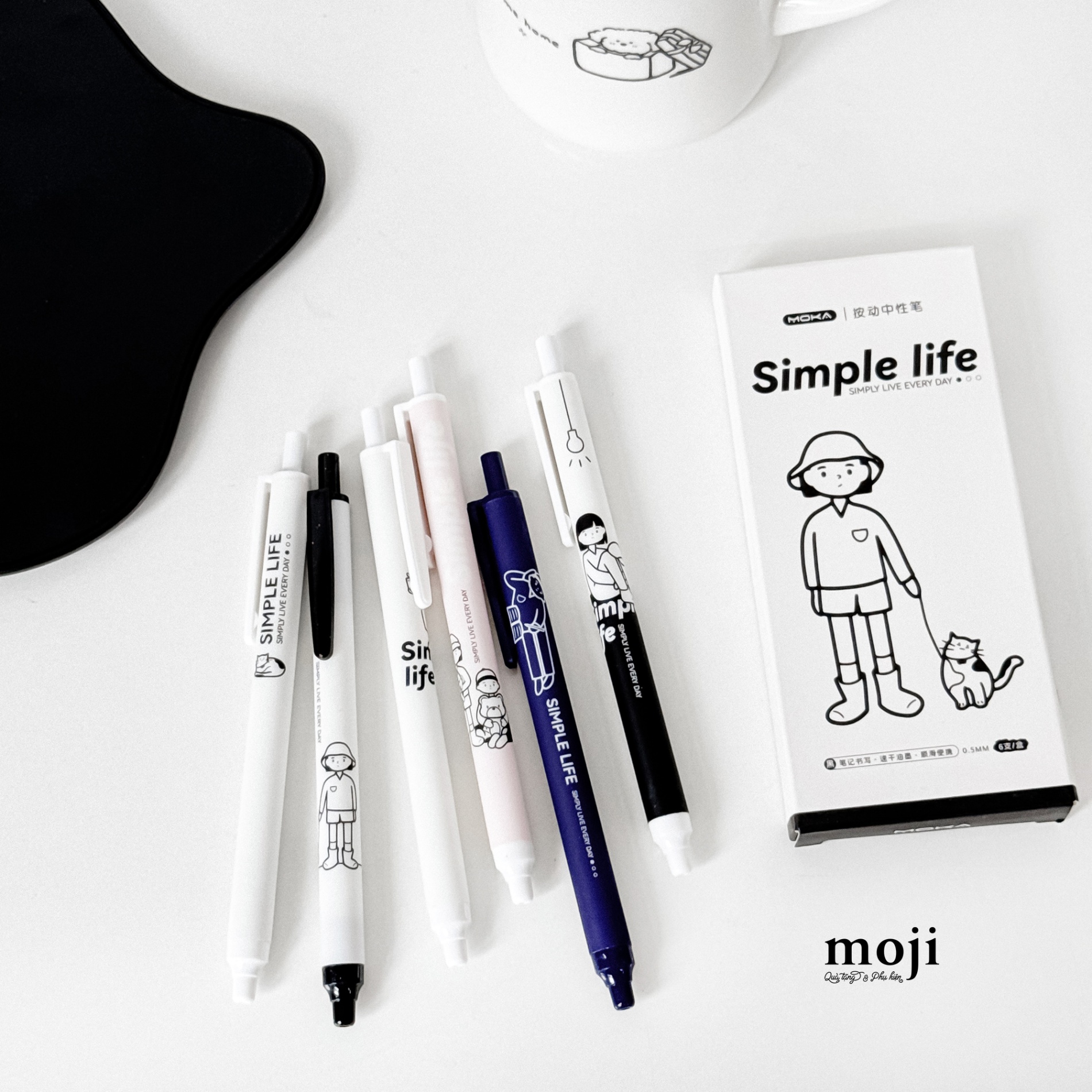 Bút gel set6 mực đen Simple life little boy girl and cat