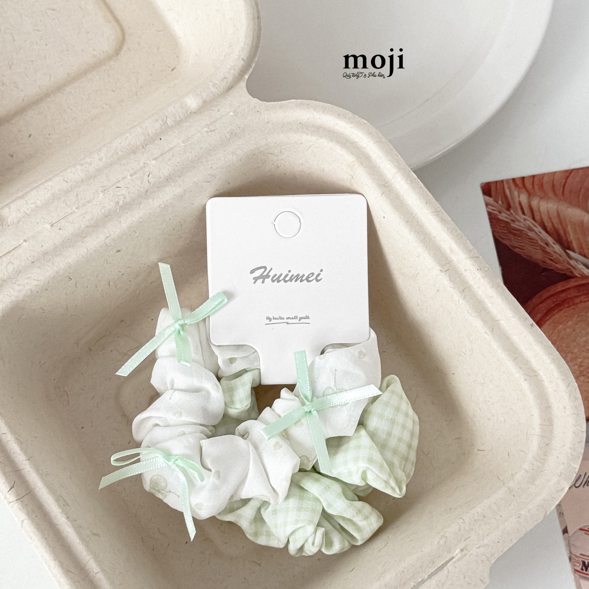 Buộc tóc set2 scrunchies Flower fruit bow họa tiết kẻ chấm bi đính nơ
